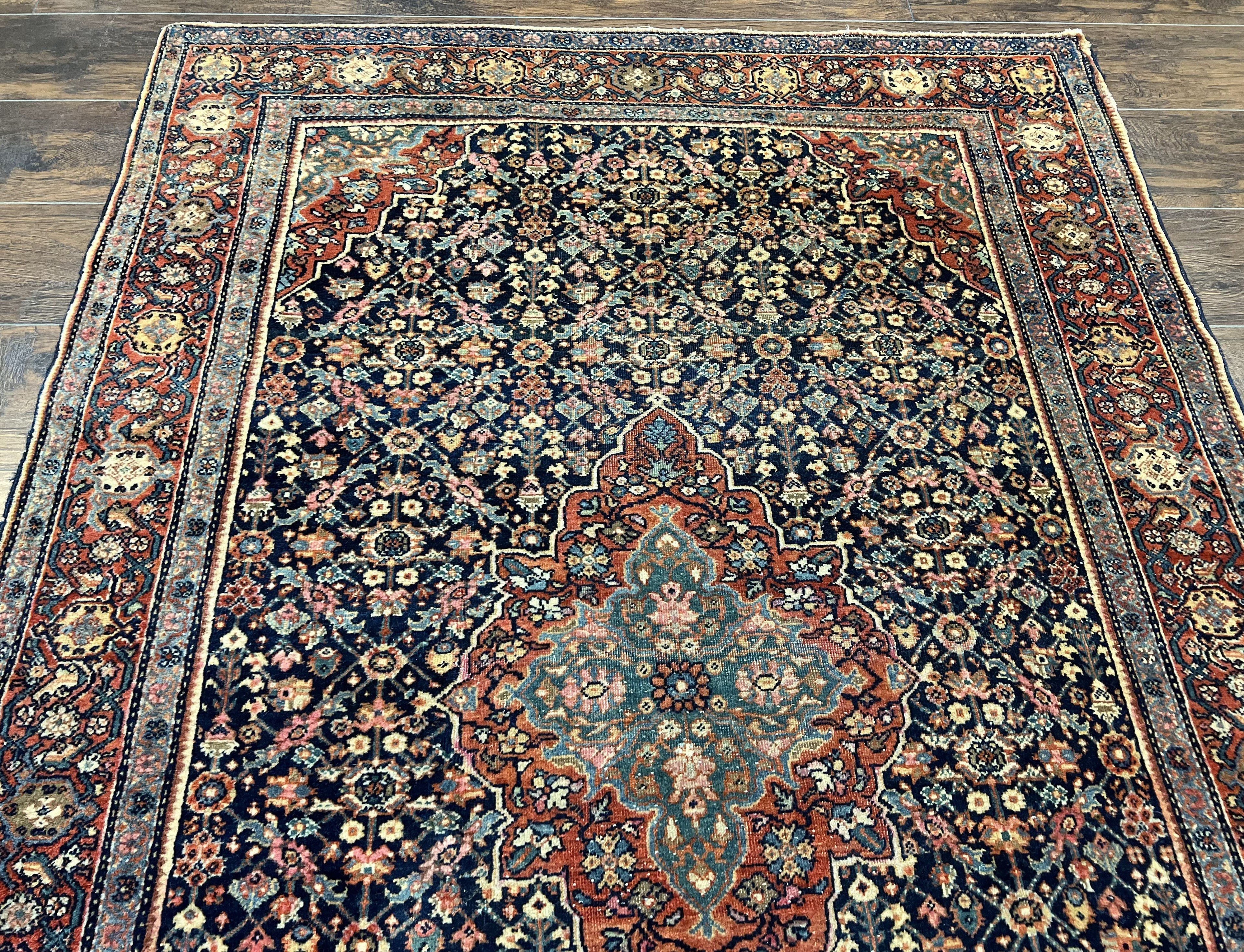Persian Rug 4x7 Antique Sarouk Farahan Carpet, Navy Blue and Red Wool Rug