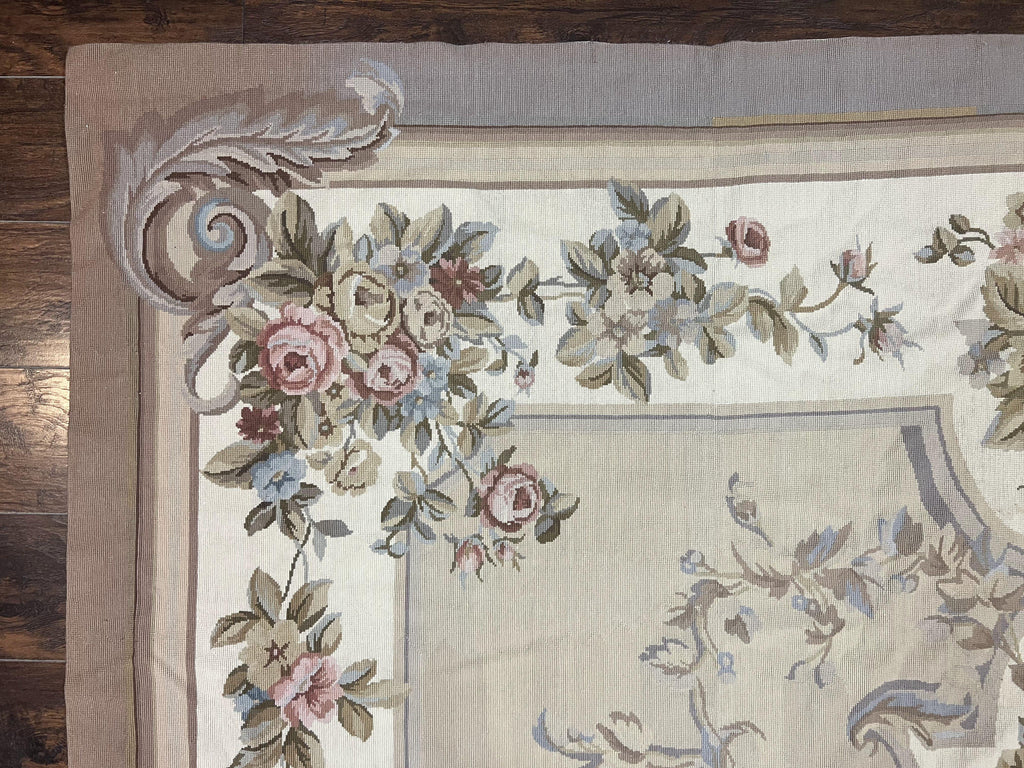 Aubusson Needlepoint Rug 9x12, VIntage Handmade Wool Beige Floral European Elegant Rug 9 x 12, Floral Roses