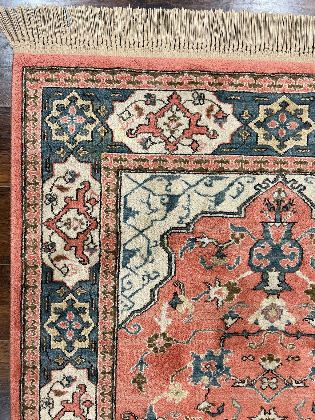 Karastan Rug 4x6 Bergama Design #737, Karastan Area Rug, Vintage Wool Karastan Carpet, Original Collection 700 Series, Salmon Red Light Blue
