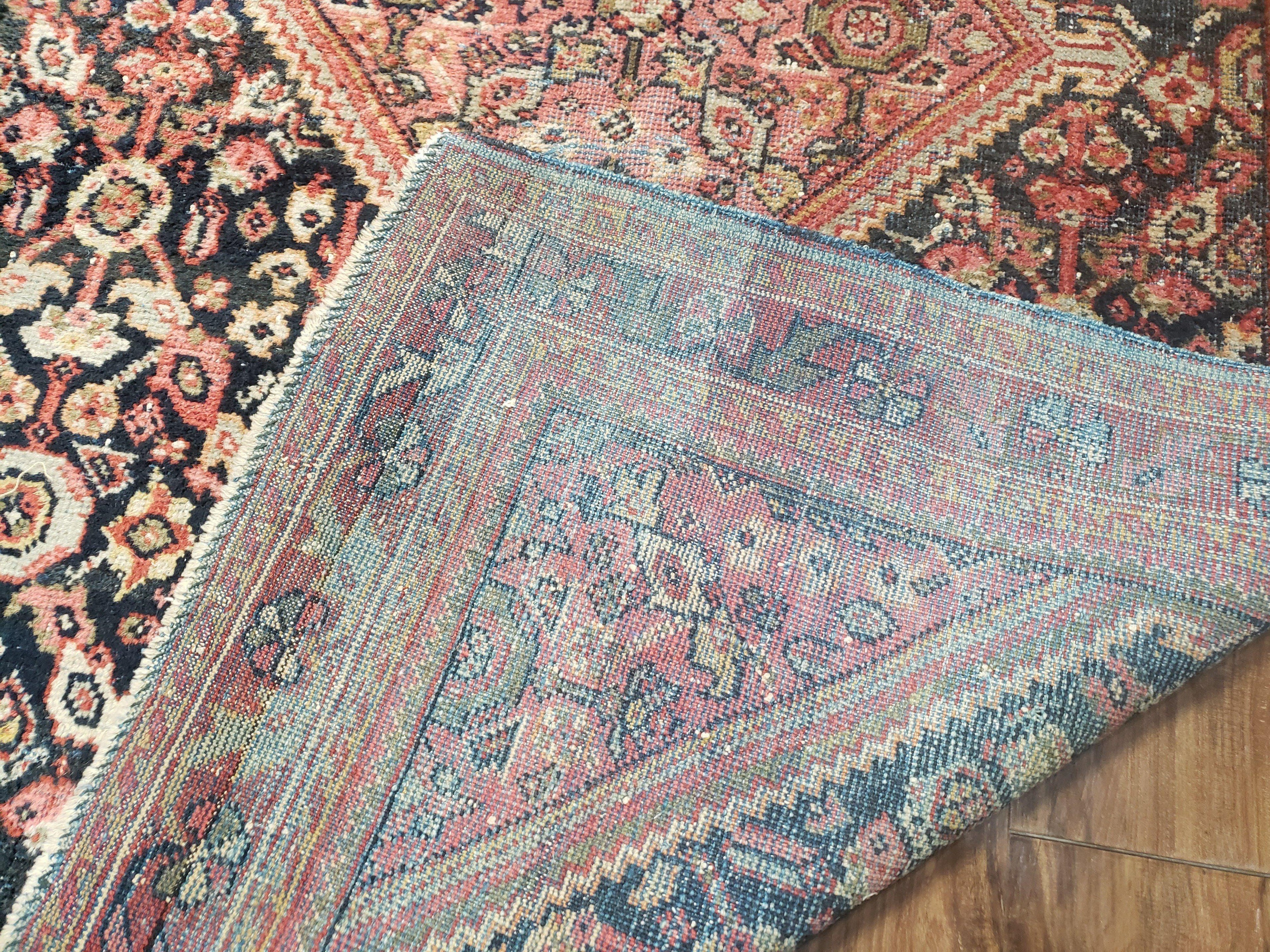 Antique Persian Mahal Area Rug 4.4 x 6.6, Wool Hand-Knotted Shabby Chic Oriental Rug, Red Black 1930s Foyer Room Carpet, Low Pile Boho Rug