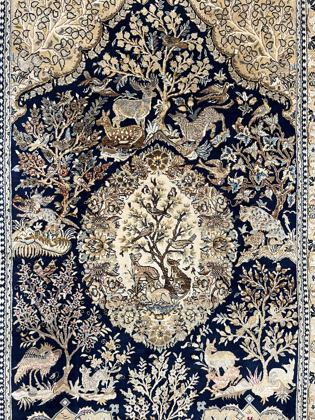 Wonderful Persian Qum Rug 6x9, Animal Pictorials, Tree of Life, Deer Birds, Hand Knotted Oriental Ghom Carpet, Semi Antique Vintage, Navy Blue Green