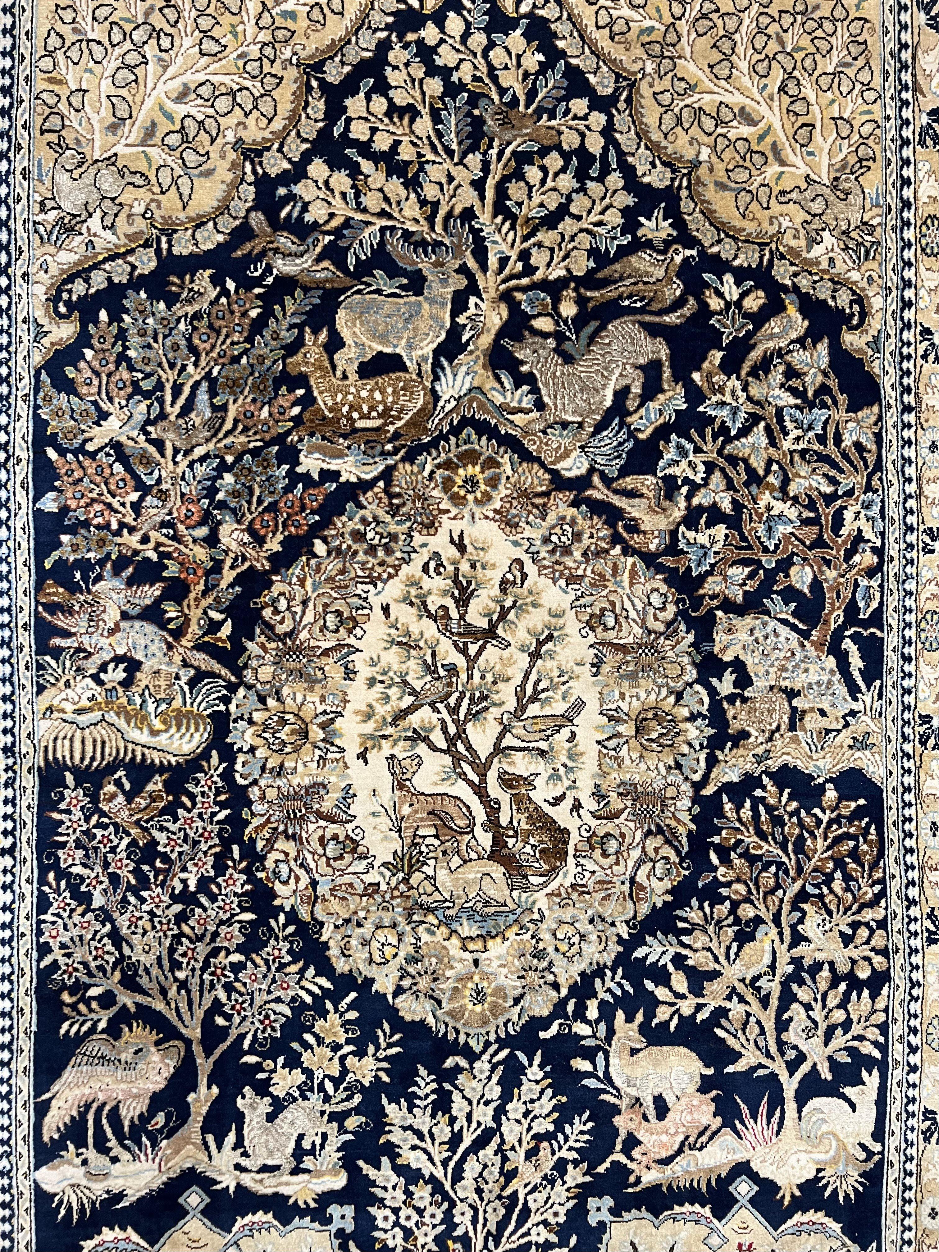 Wonderful Persian Qum Rug 6x9, Animal Pictorials, Tree of Life, Deer Birds, Hand Knotted Oriental Ghom Carpet, Semi Antique Vintage, Navy Blue Green