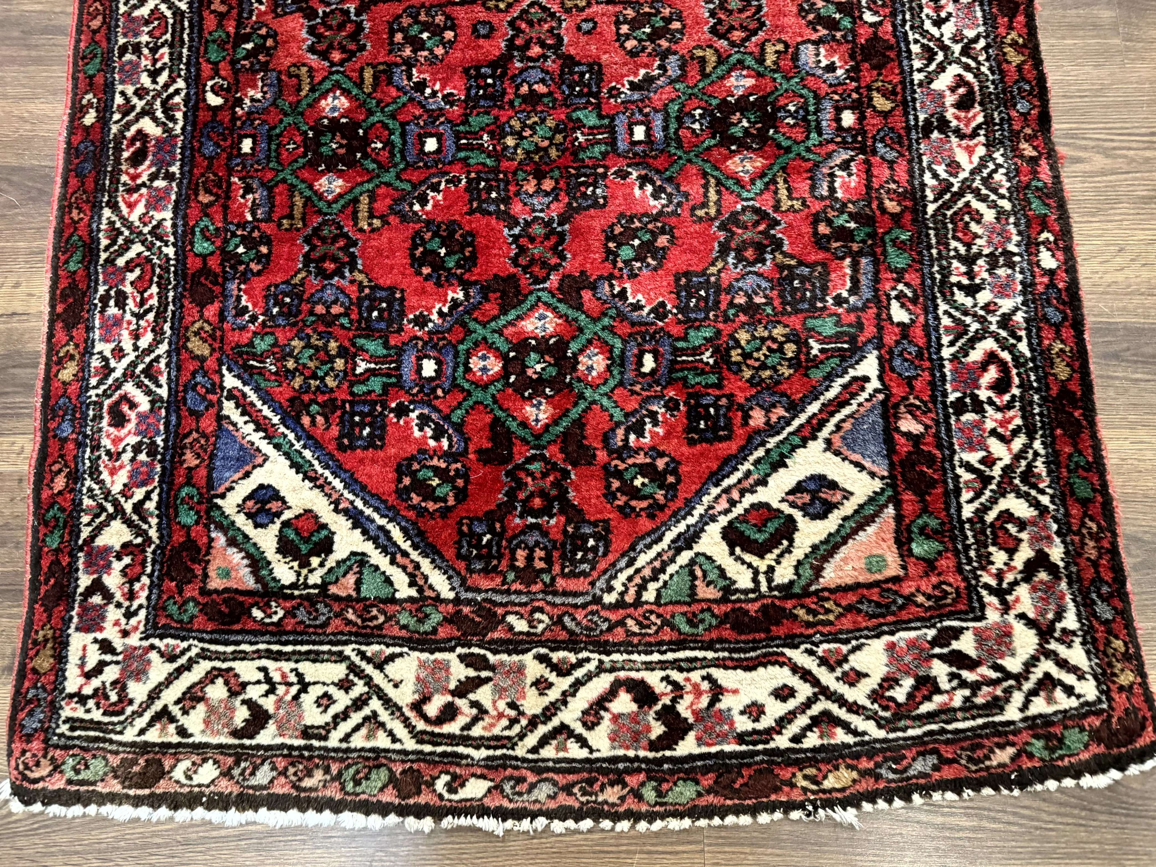 Persian Runner Rug 3x10, Wool Hand Knotted Hallway Rug 3 x 10 ft, Red and Ivory, Hamadan Angelas Runner