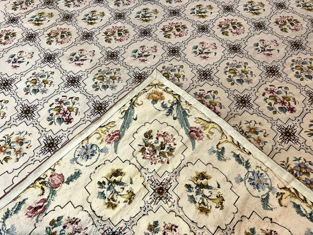 Needlepoint Rug 10x14, Wool Handmade Vintage Needlepoint Carpet, Floral Panel Design, Ivory/Cream