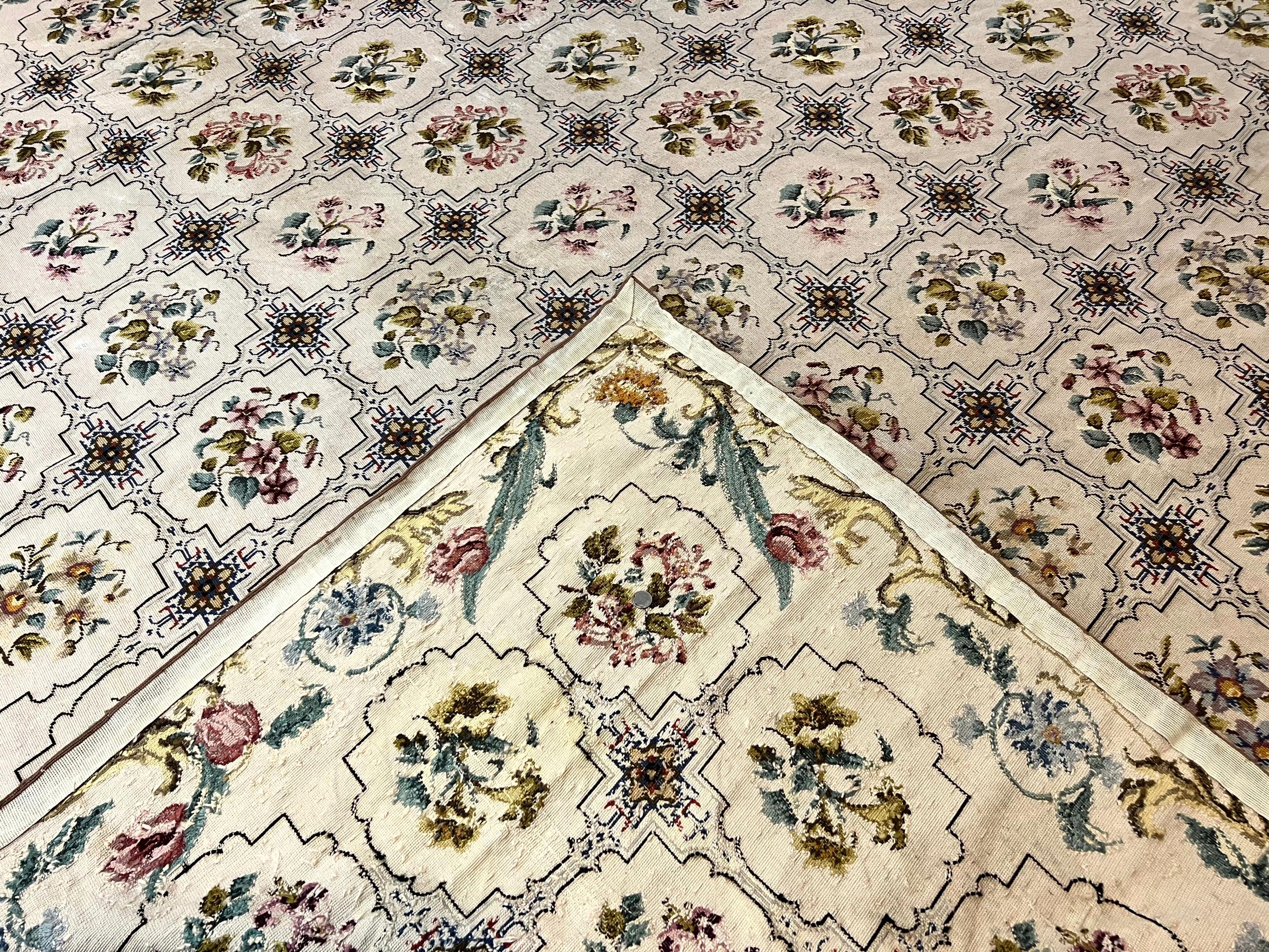Needlepoint Rug 10x14, Wool Handmade Vintage Needlepoint Carpet, Floral Panel Design, Ivory/Cream