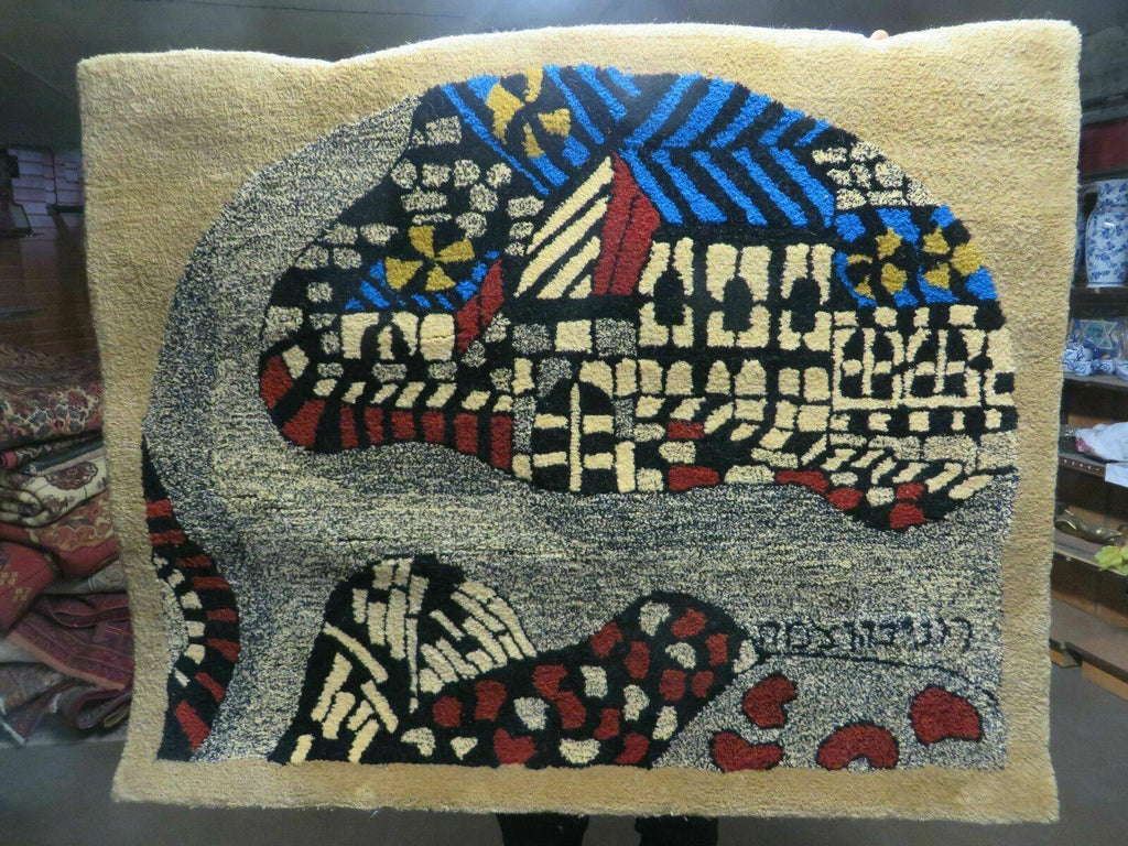 3' X 4' Vintage Hand Crafted Israel Wool Rug Carpet Wall Hanging Signed Hebrew