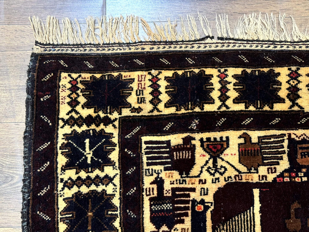 Persian Baluch Tribal Rug 4x6, Human and Bird Pictorials, Vintage, Wool, Collectible