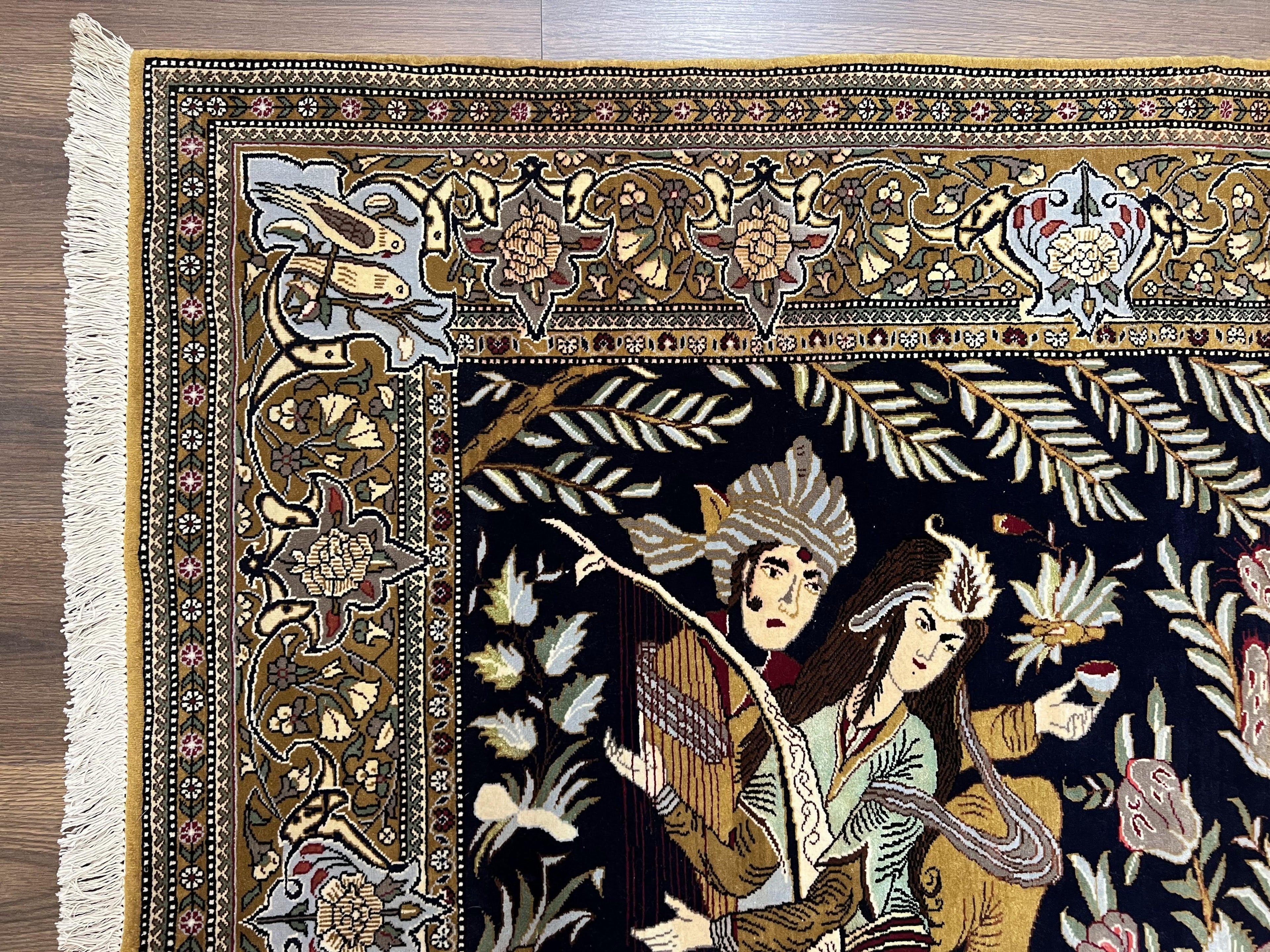 Persian Qum Pictorial Rug 4.8 x 6.5 - Layla & Majnun, Birds