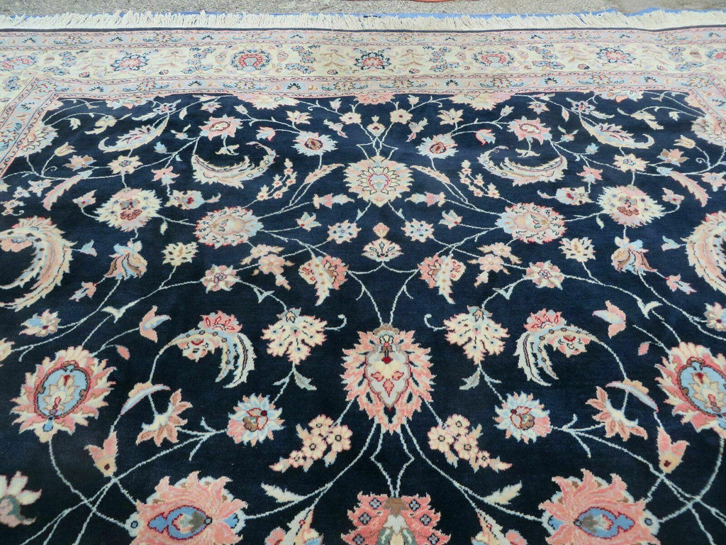 Large Indo Persian Rug 10x14, Wool Hand-Knotted Carpet, Navy Blue Ivory