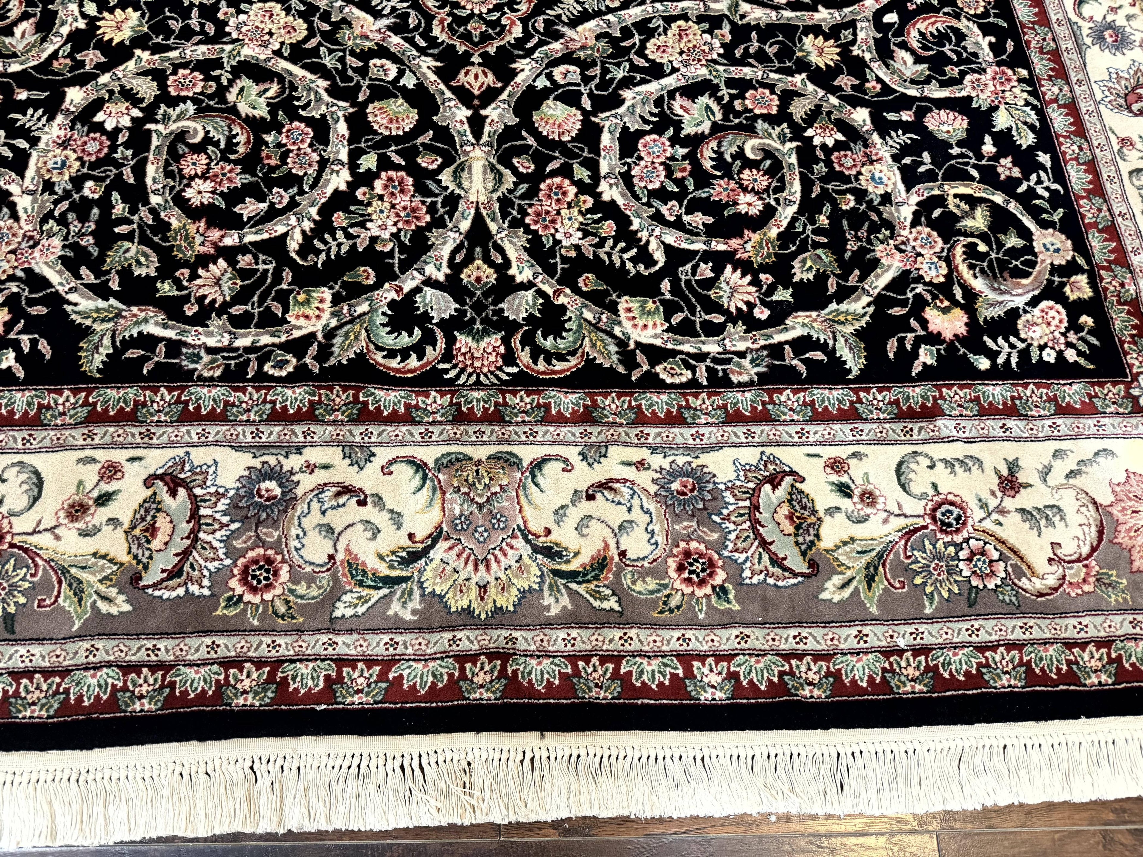 Black Pak Persian Rug 8x11, Floral Pattern, Hand Knotted Vintage Wool Rug with Silk Highlights, Fine 200 KPSI