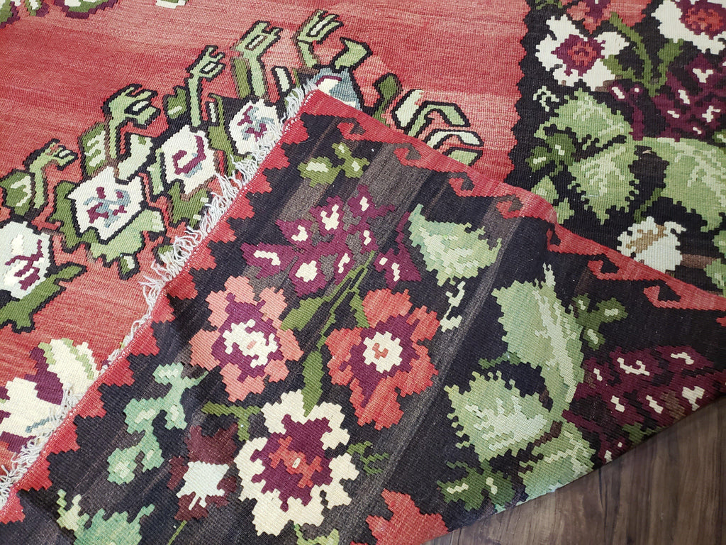 Karabakh Rug 8x11, Caucasian Kilim Rug, Vintage Antique Turkish Anatolian Azerbaijani Carpet, Wool Red & Black Hand-Woven 8 x 11 Living Room