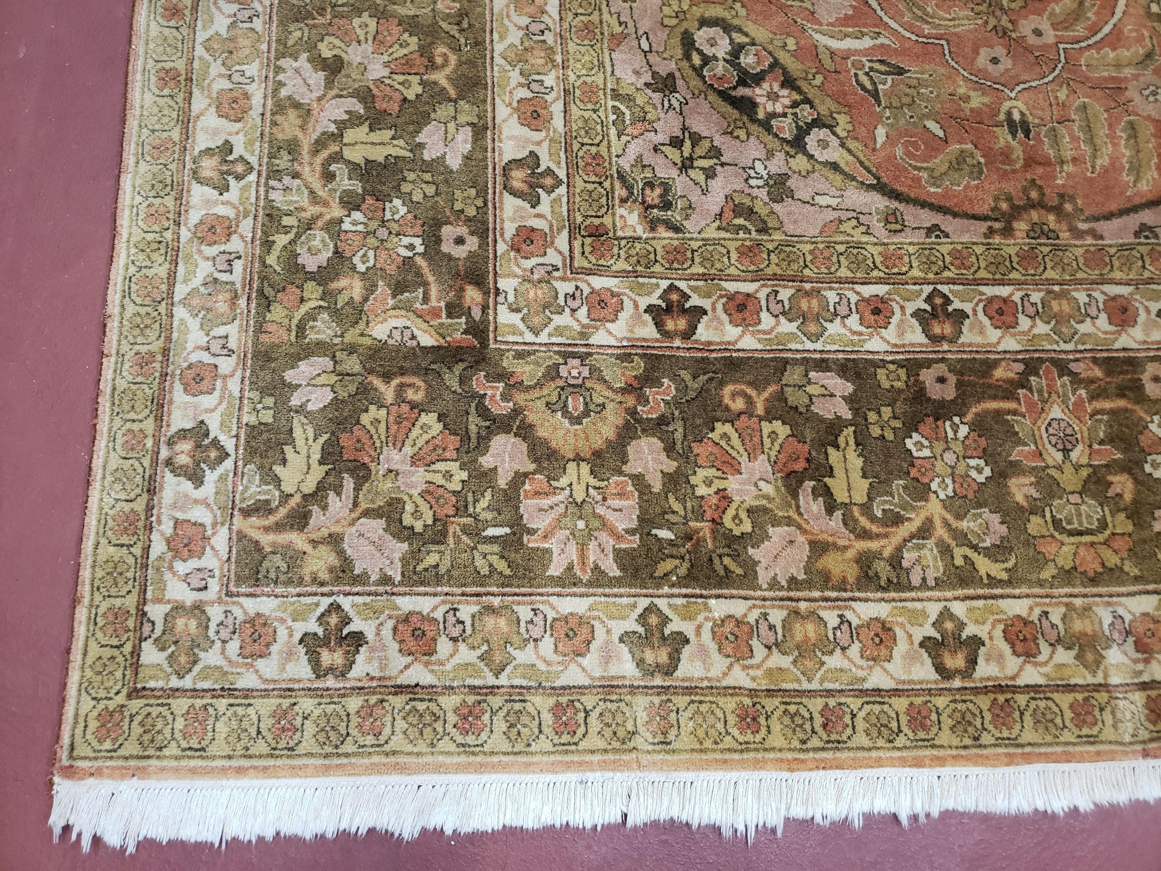 Indo Persian Rug 8x10, Vintage Indian Rug 8 x 10, Fine Hand-Knotted Wool Rug, Rose Clay Red Beige Brown Handmade Area Rug, Floral Medallion