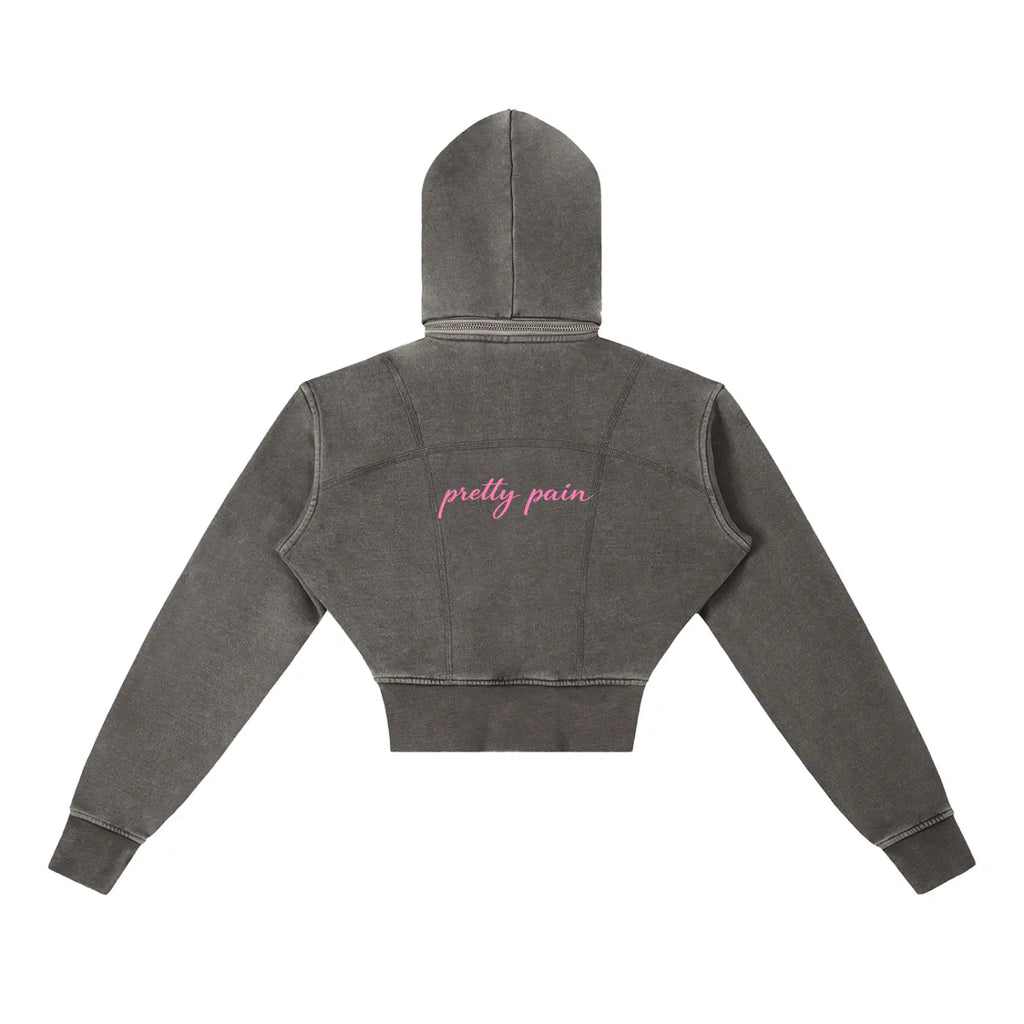 Vintage Washed PRETTY PAIN Cropped Fleece Hoodie
