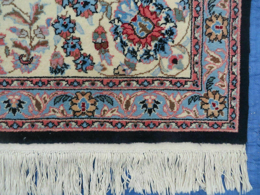 Large Indo Persian Rug 10x14, Wool Hand-Knotted Carpet, Navy Blue Ivory