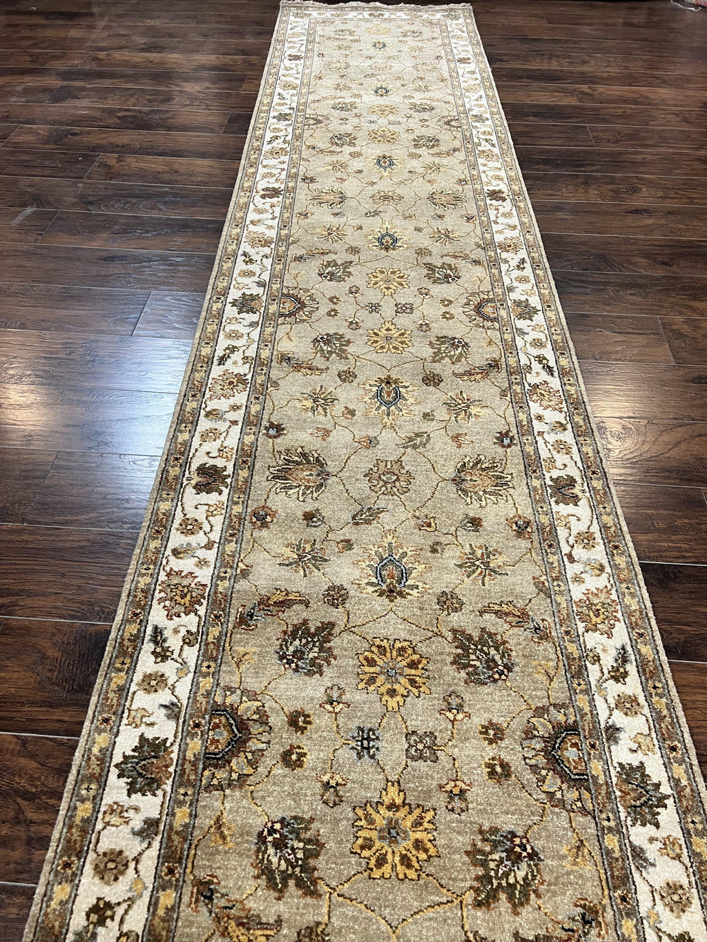 Peshawar Runner Rug 3 x 20, Wool Hand Knotted Vintage Pakistani Carpet, Olive Green & Ivory, Extra Long 20ft Hallway Runner, Floral