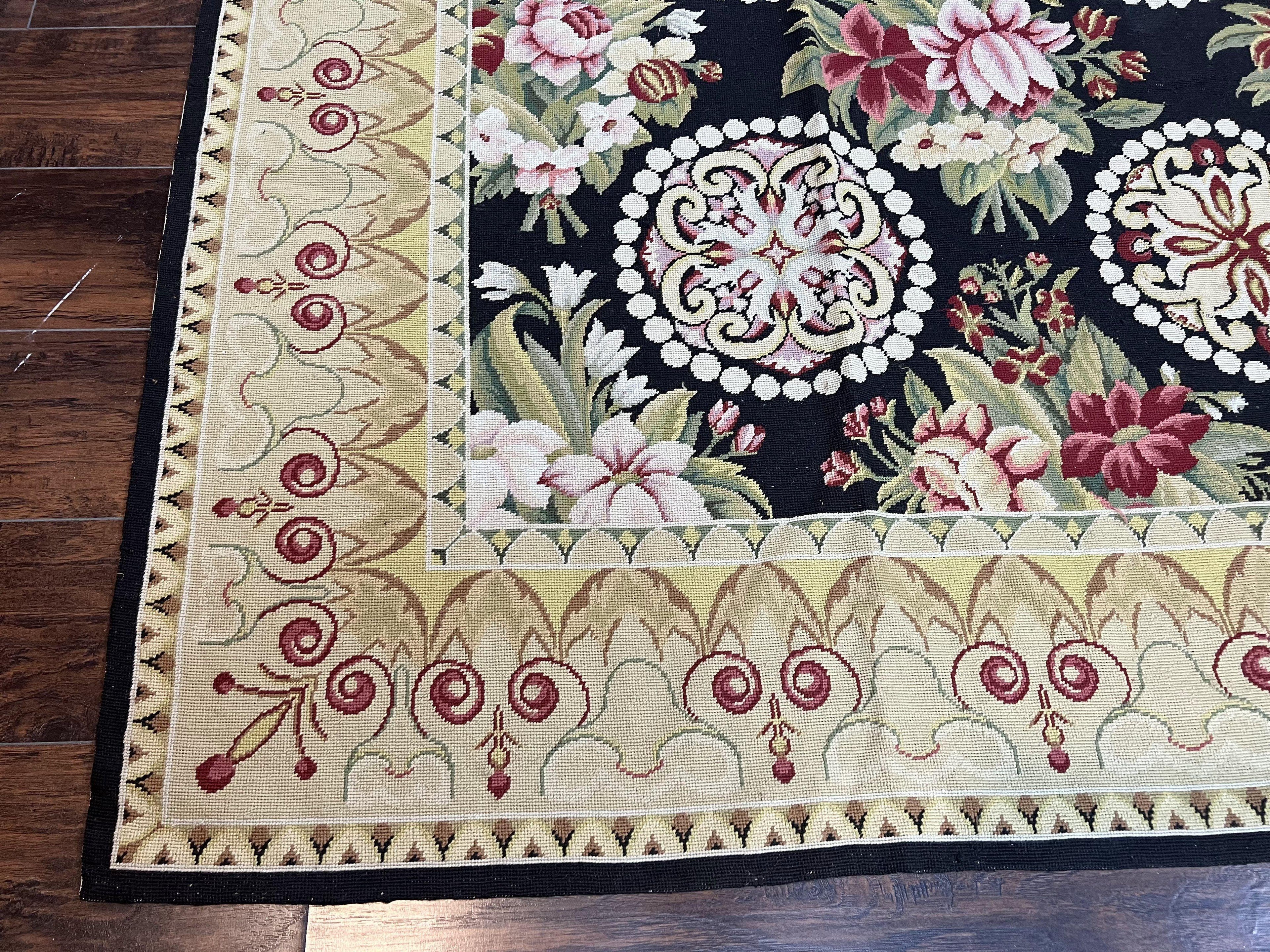 9x12 Black Needlepoint Rug, European Floral Panel Design, Handwoven, Vintage Chinese Needlepoint, Black Green Beige, Wool Rug 9 x 12