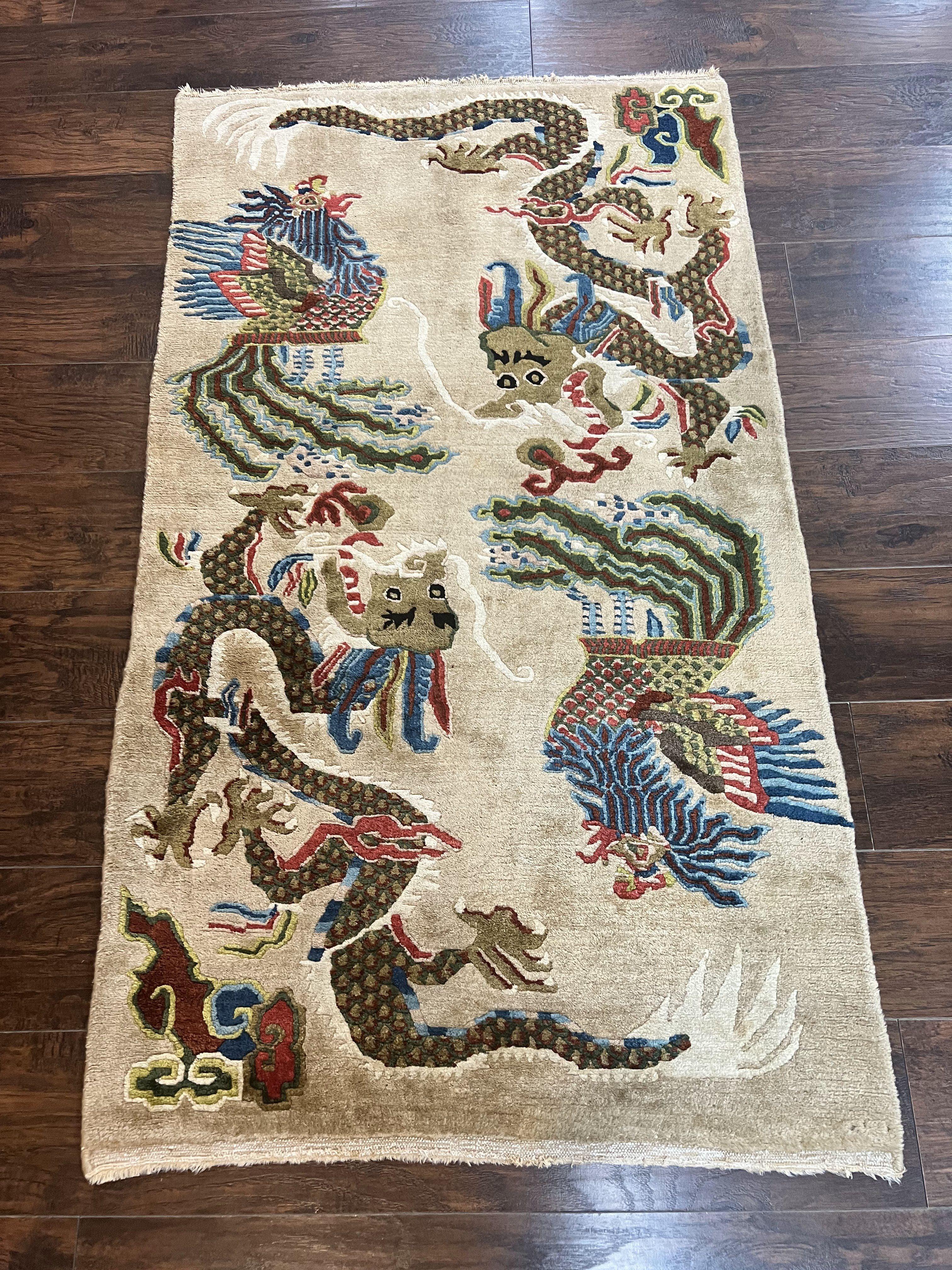 Antique Chinese Peking Rug 3 x 5.6, Dragon Motifs, Handmade Wool Asian Oriental Carpet