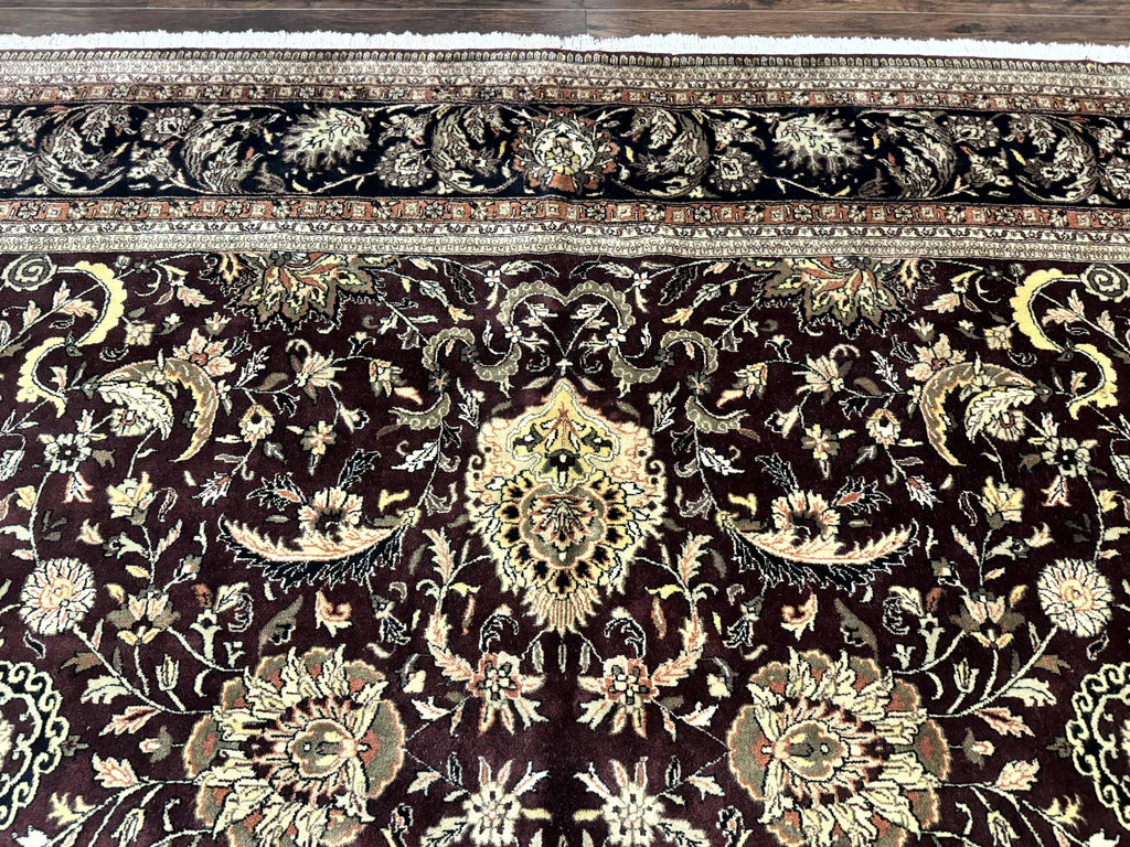 Indo Persian Rug 10x14, Floral Allover, Handmade Vintage Wool Rug, Dark Maroon/Plum and Black