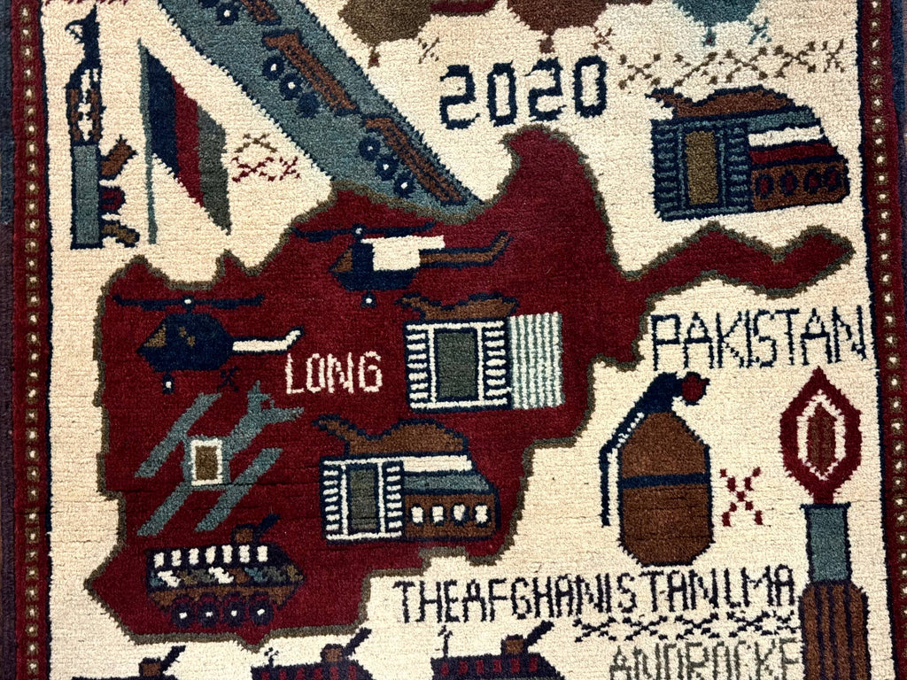 Afghan War Rug 2 x 2.6, Guns Tanks Helicopters