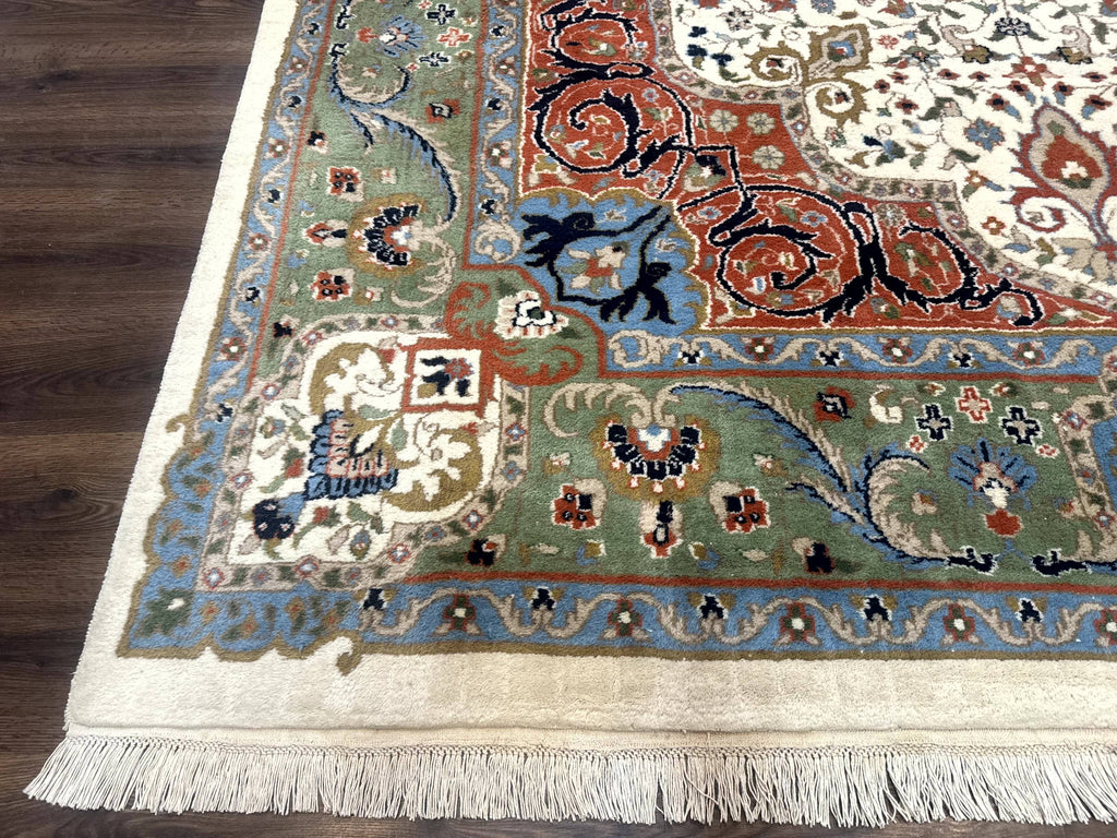 Indo Persian Rug 9x12, Ivory Red Green, Traditional Oriental Carpet