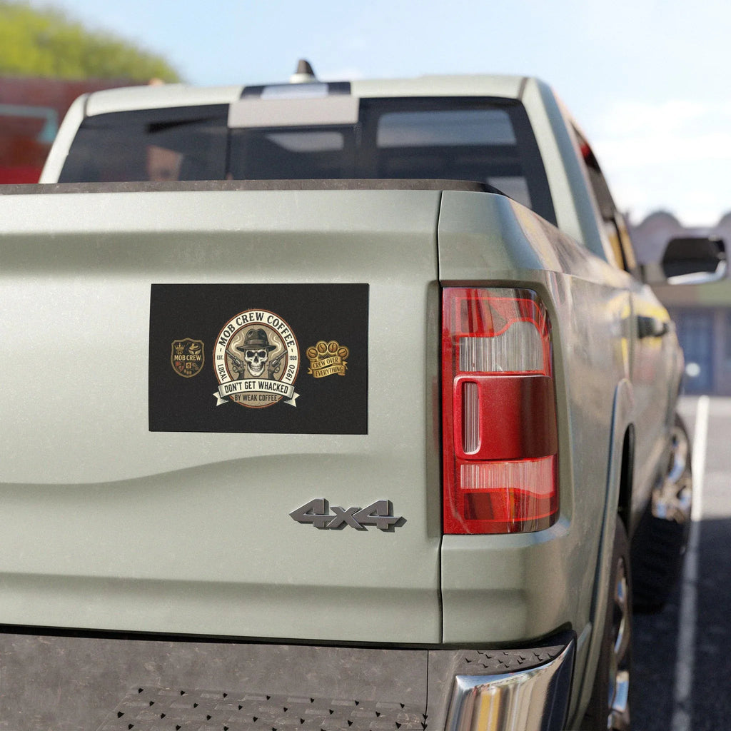 Car Magnet — “Mob Crew Coffee: Don’t Get Whacked by Weak Coffee” Retro Skull Design