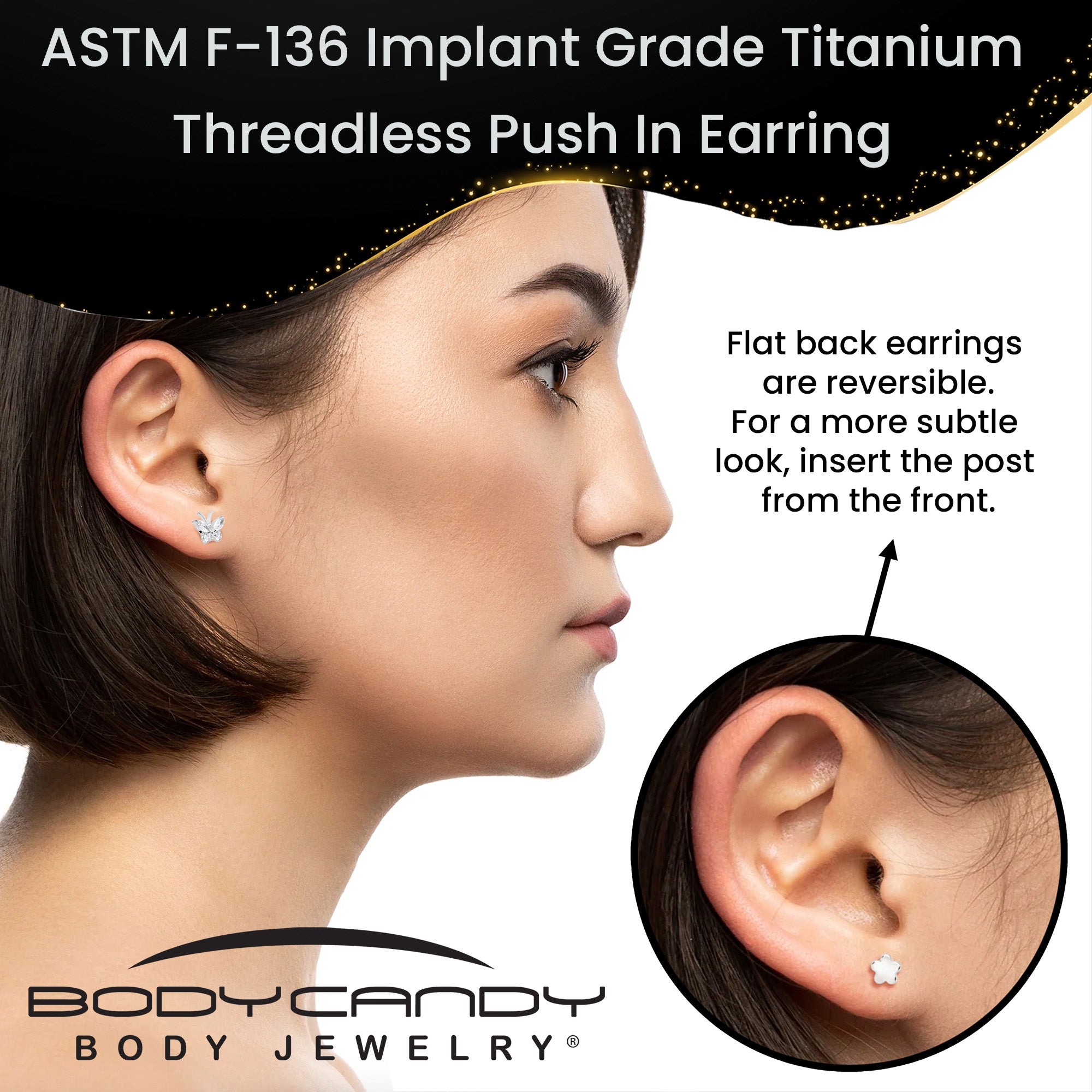 16G 5/16 Titanium Reversible Flower Threadless Gem Butterfly Labret Tragus