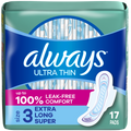 Always Ultra Thin Size 3 Pads Extra Long Super with Wings 6 Packs of 17