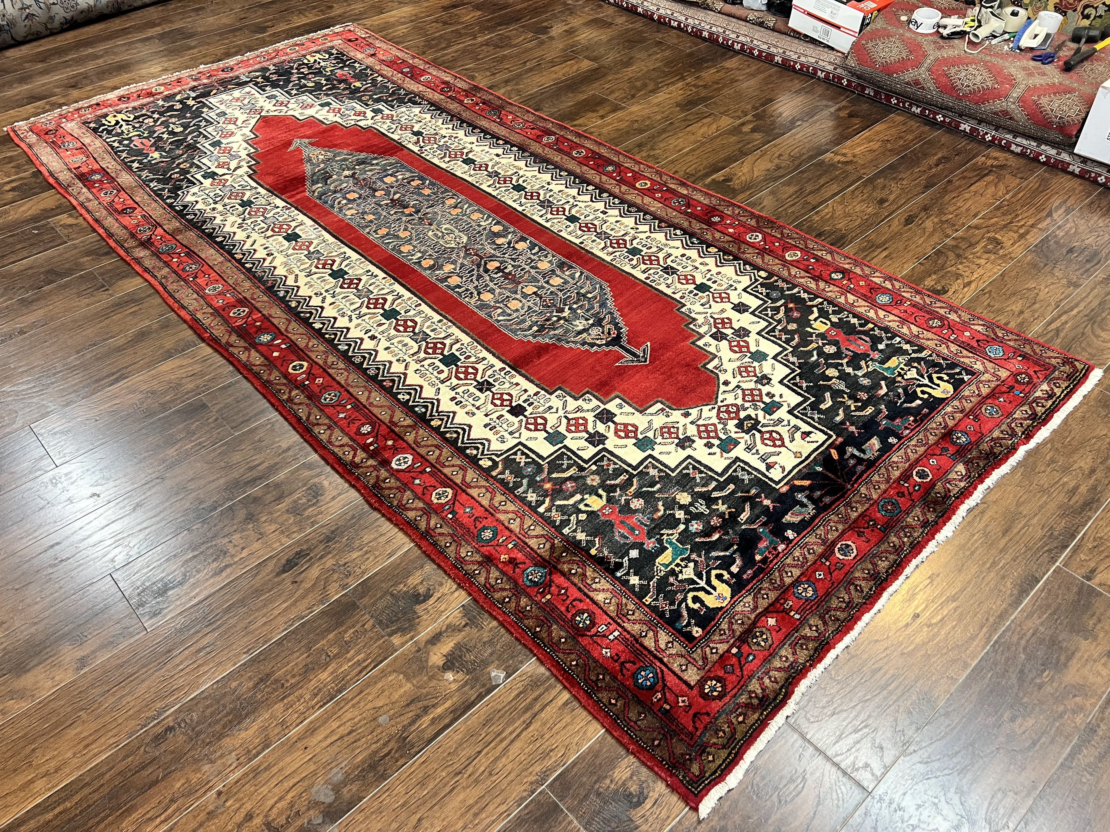 Persian Rug 5x12 ft, Red Cream Navy Blue, Pictorials, Hand Knotted Handmade Wide Runner Tribal Bidjar Semi Antique Wool Geometric Oriental Rug