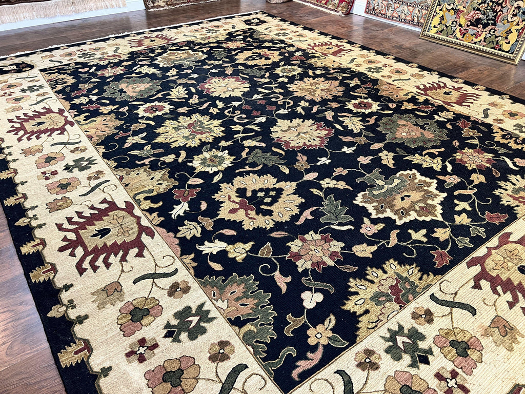 Indo Persian Rug 10x14, Wool Handmade Room Sized Floral Oriental Carpet, Indian Mahal Flatweave Rug, Black Beige