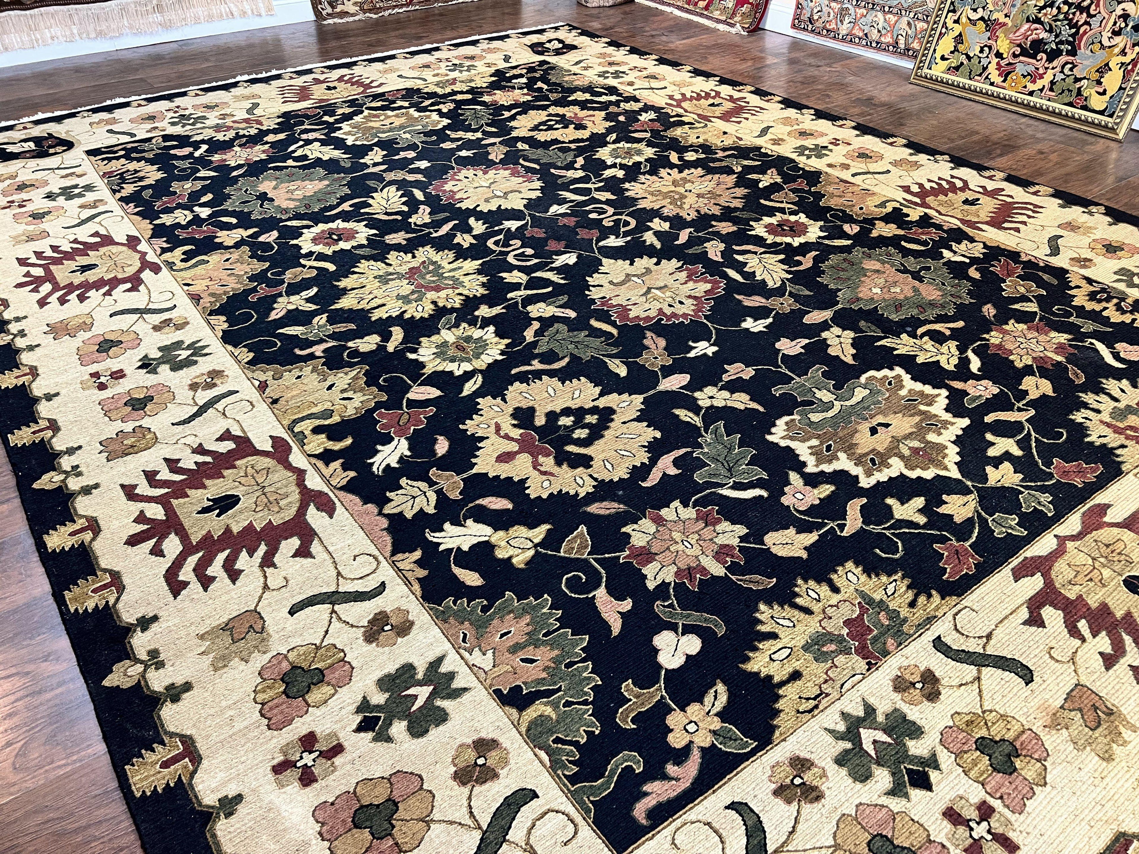 Indo Persian Rug 10x14, Wool Handmade Room Sized Floral Oriental Carpet, Indian Mahal Flatweave Rug, Black Beige