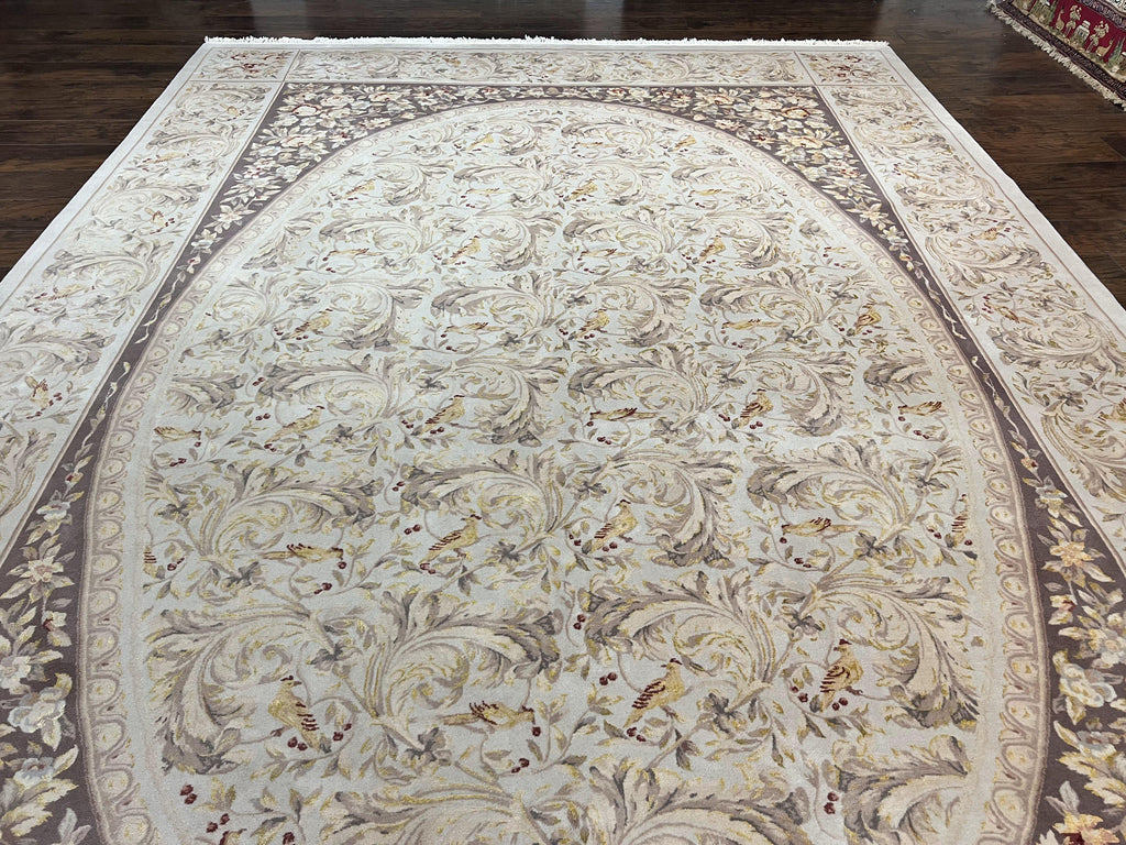 Aubusson Rug 10x14, Wool & Silk Highlights Hand Knotted Vintage Carpet, Birds Flowers, Fine Details, Elegant