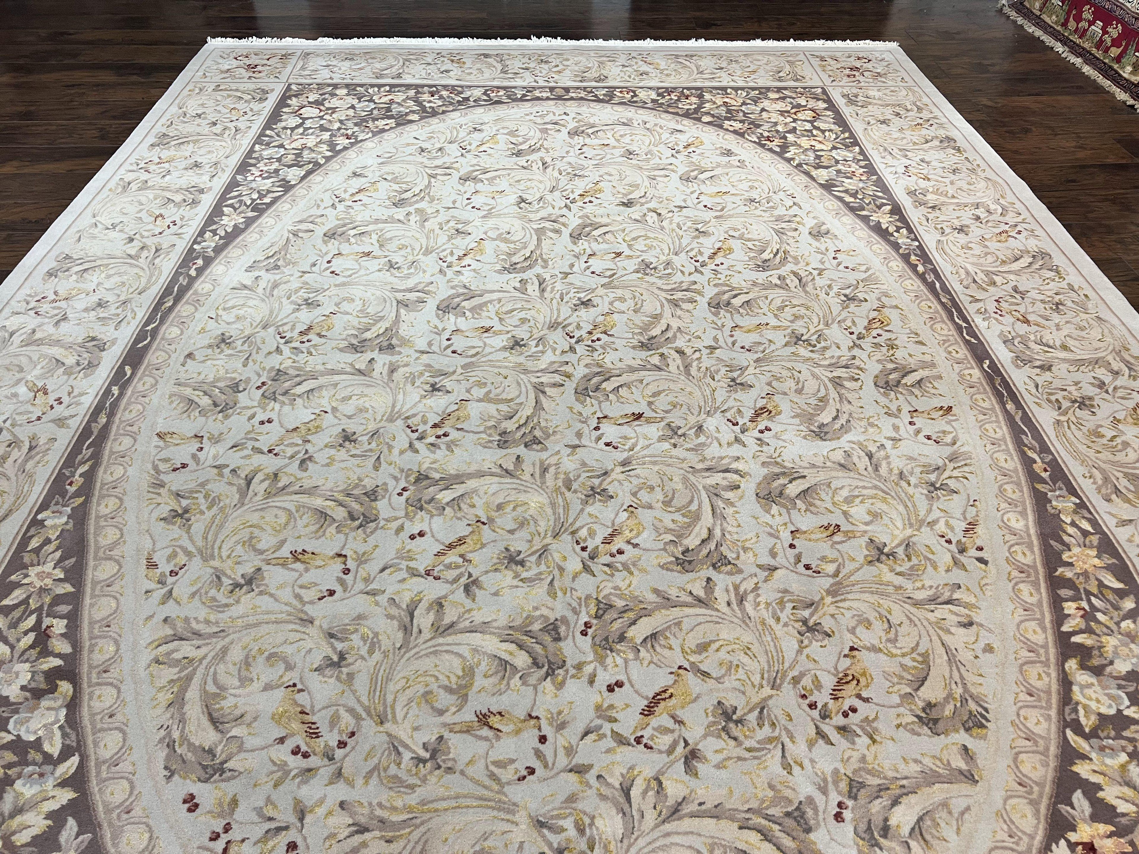 Aubusson Rug 10x14, Wool & Silk Highlights Hand Knotted Vintage Carpet, Birds Flowers, Fine Details, Elegant