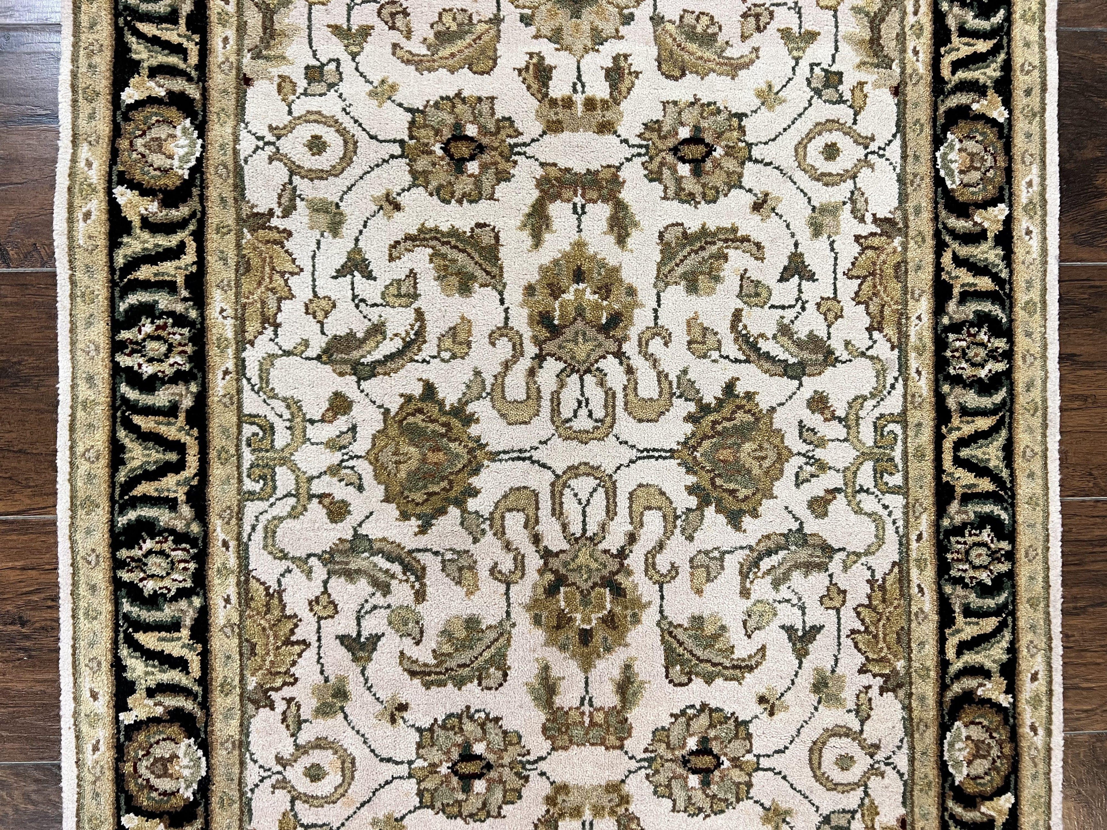 Small Indo Mahal Rug 2.5 x 4, Wool Indian Oriental Carpet, Hand Knotted Handmade Vintage Traditional Rug, Beige Tan Black