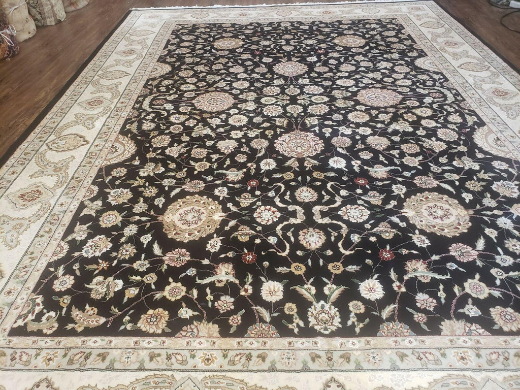 8' 5" X 11' 6" Vintage Handmade Oriental Floral Wool Rug Silk Accent Black Nice