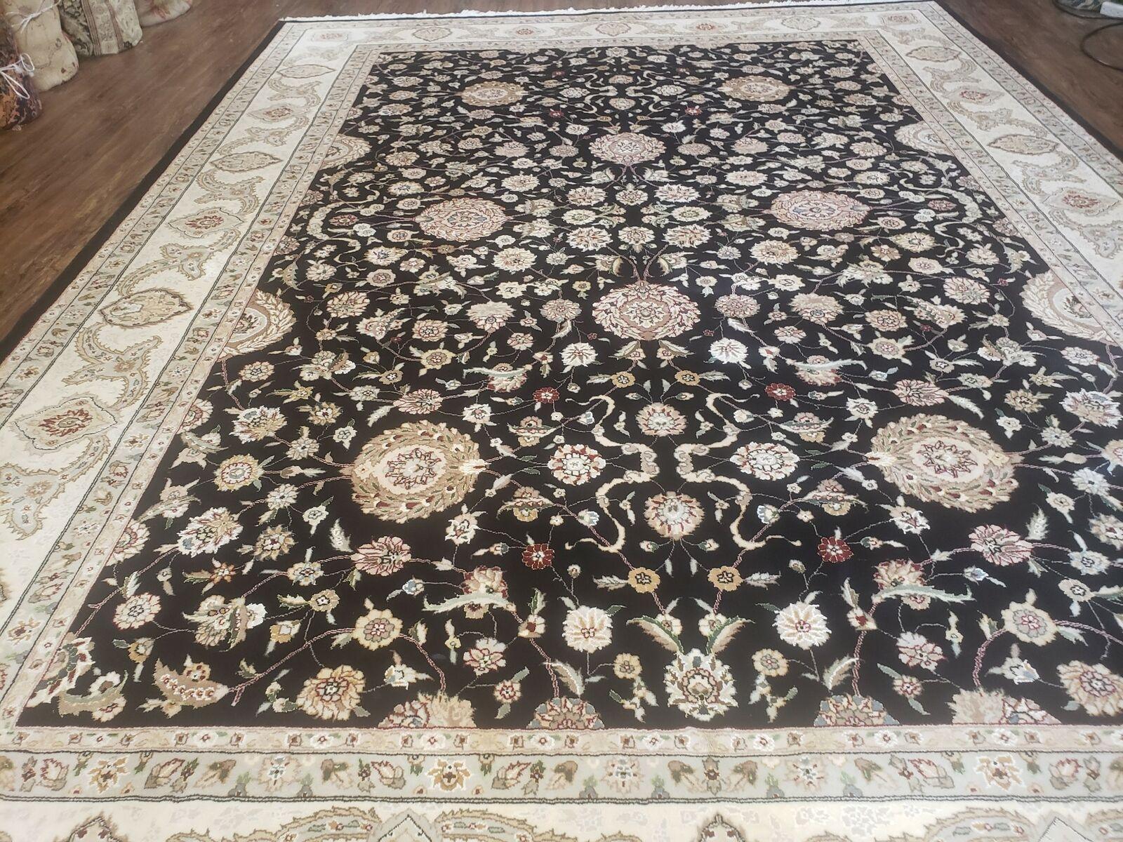 8' 5" X 11' 6" Vintage Handmade Oriental Floral Wool Rug Silk Accent Black Nice