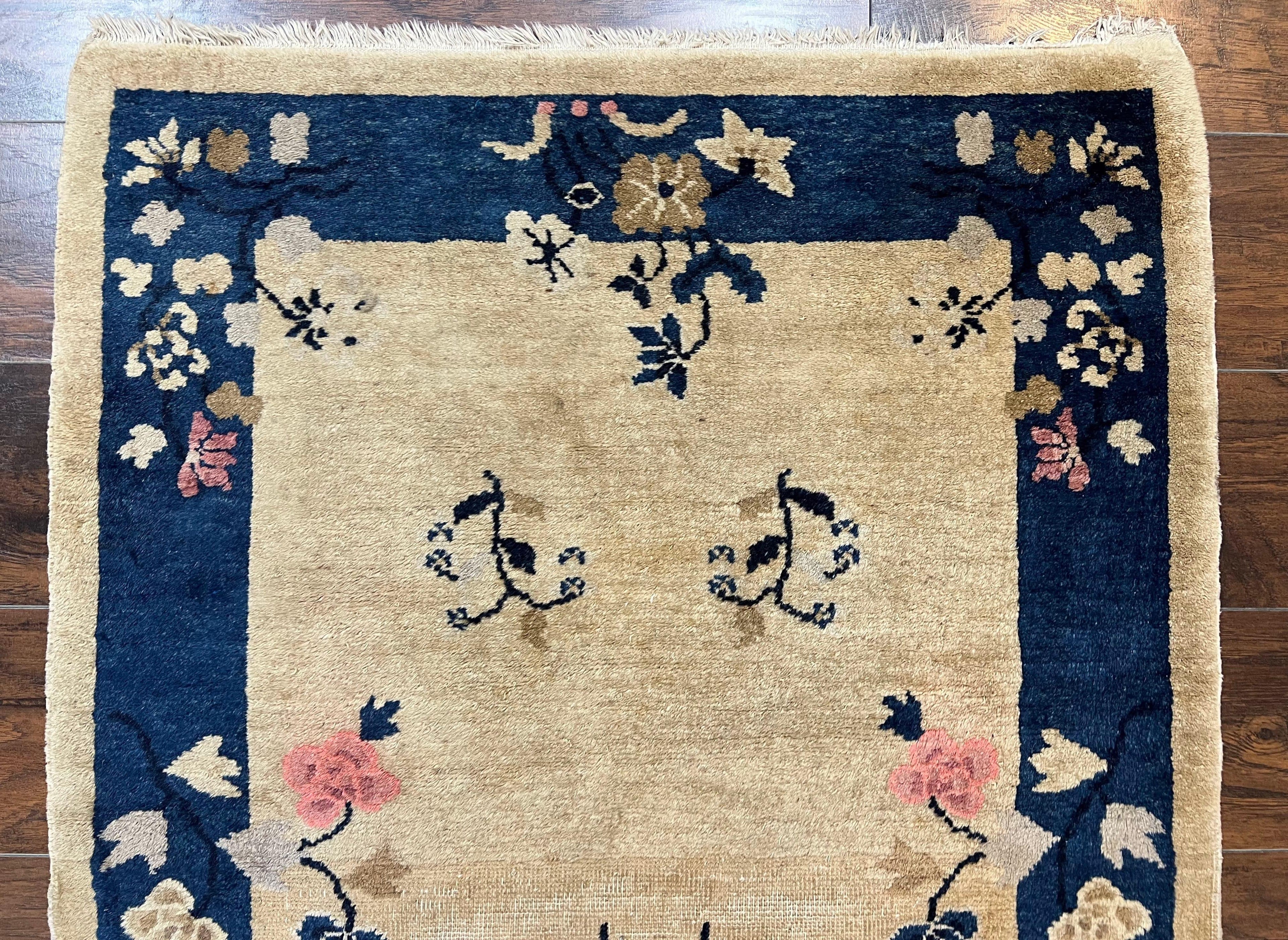 Antique Chinese Peking Rug 3x6, Beige and Dark Blue Hand Knotted Handmade Asian Oriental Carpet, Floral Vases, Vintage Wool Art Deco Rug