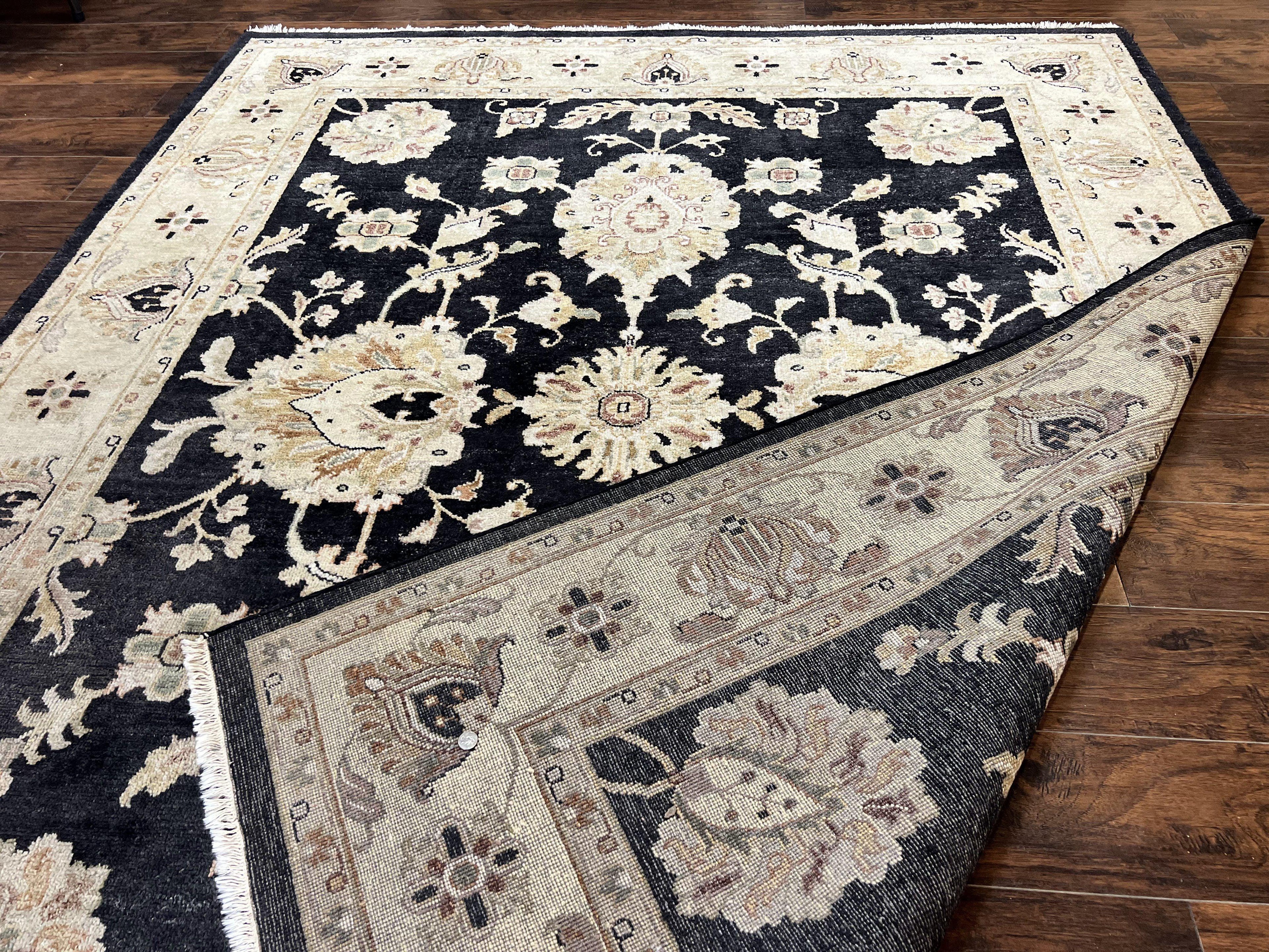 Indo Mahal Rug 8x10, Black and Beige, Vintage Rug 8 x 10 ft, Floral, Handmade Wool Carpet