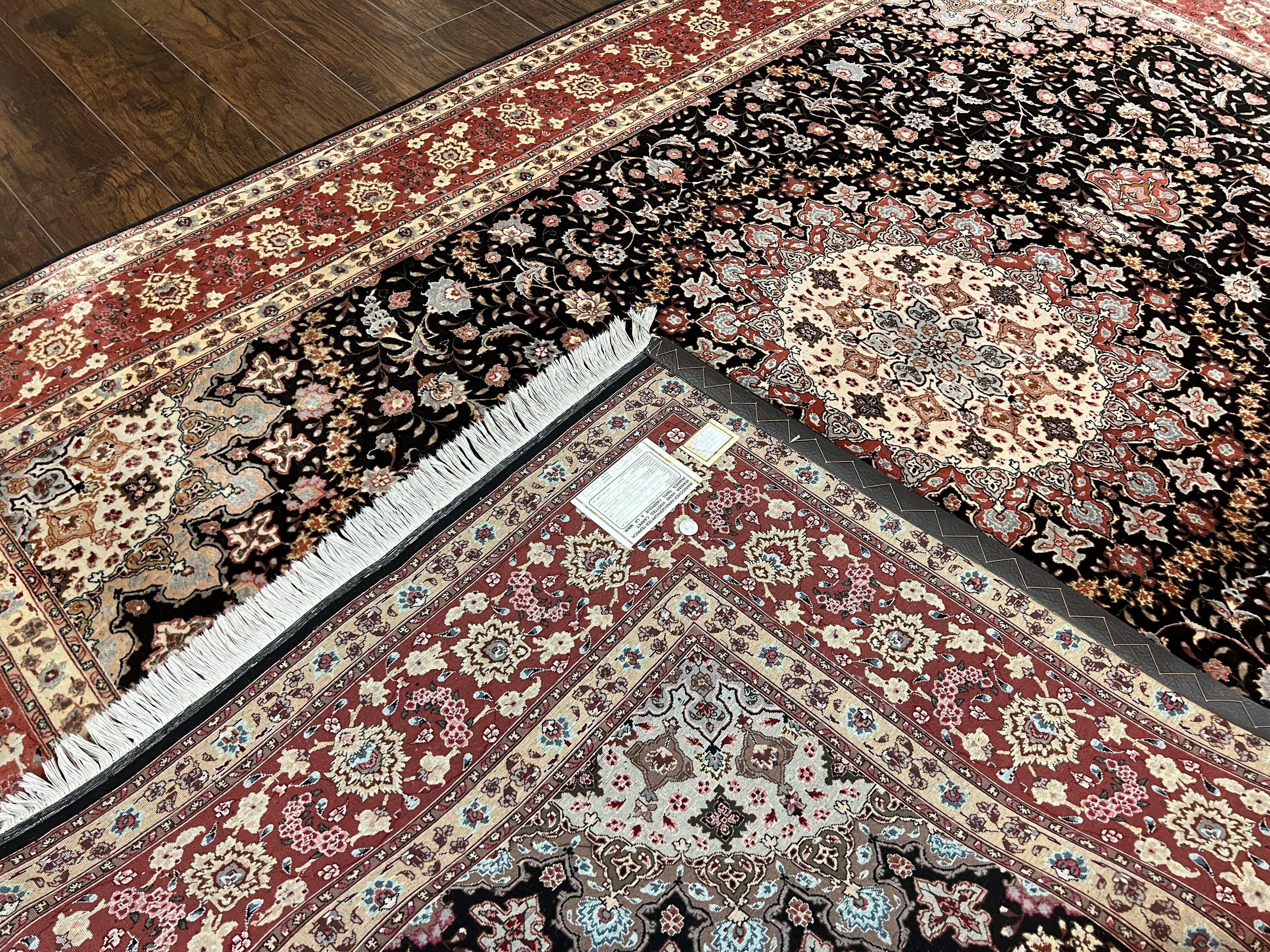Marvelous Persian Tabriz Rug 7x10 ft, Super Fine 50 Raj, 300+ KPSI, Black and Rust Red, Floral Medallion Handmade Wool Oriental Carpet, Top Quality