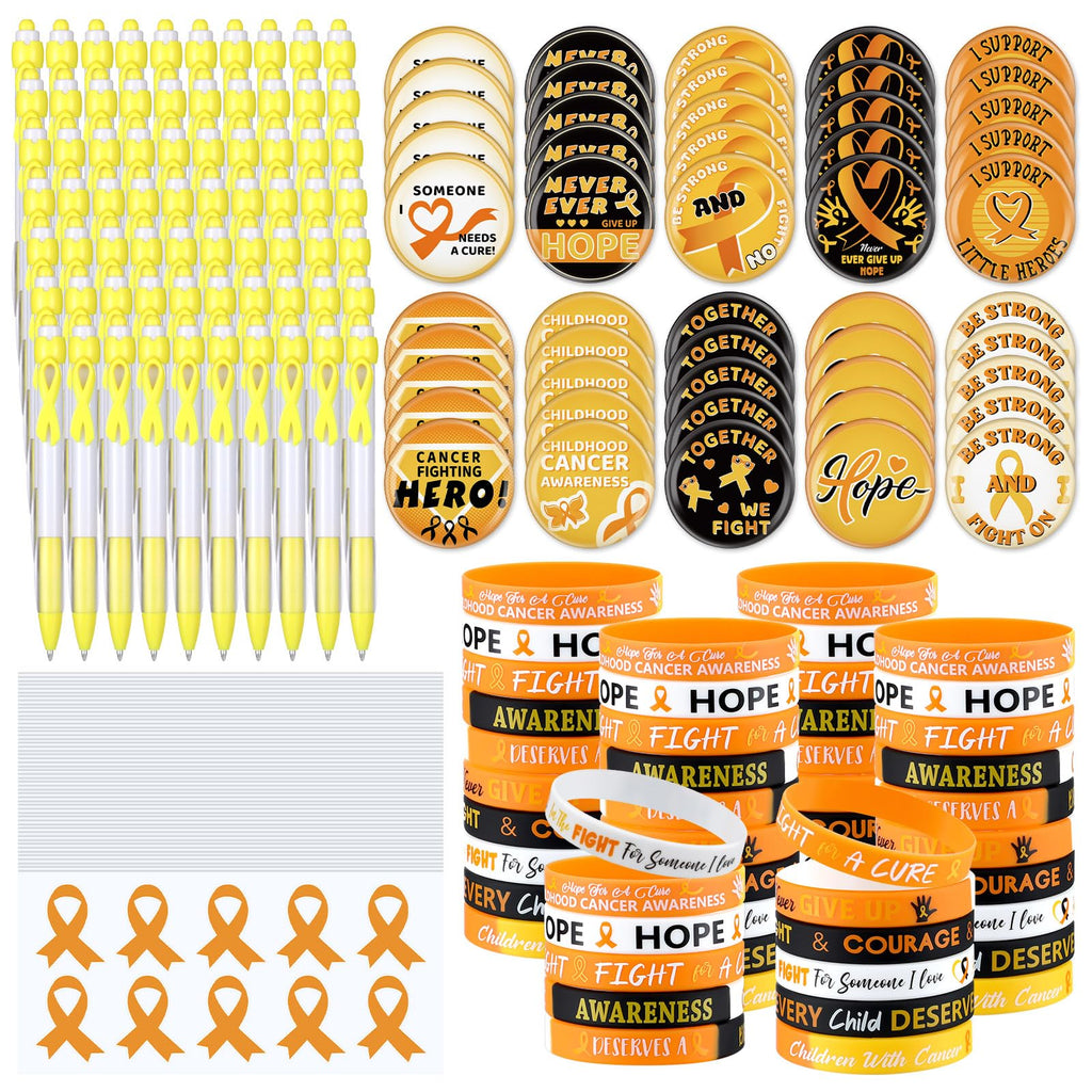 PullCrease Childhood Cancer Awareness Kit 400 Pcs Gold Ribbon Pens Bracelets
