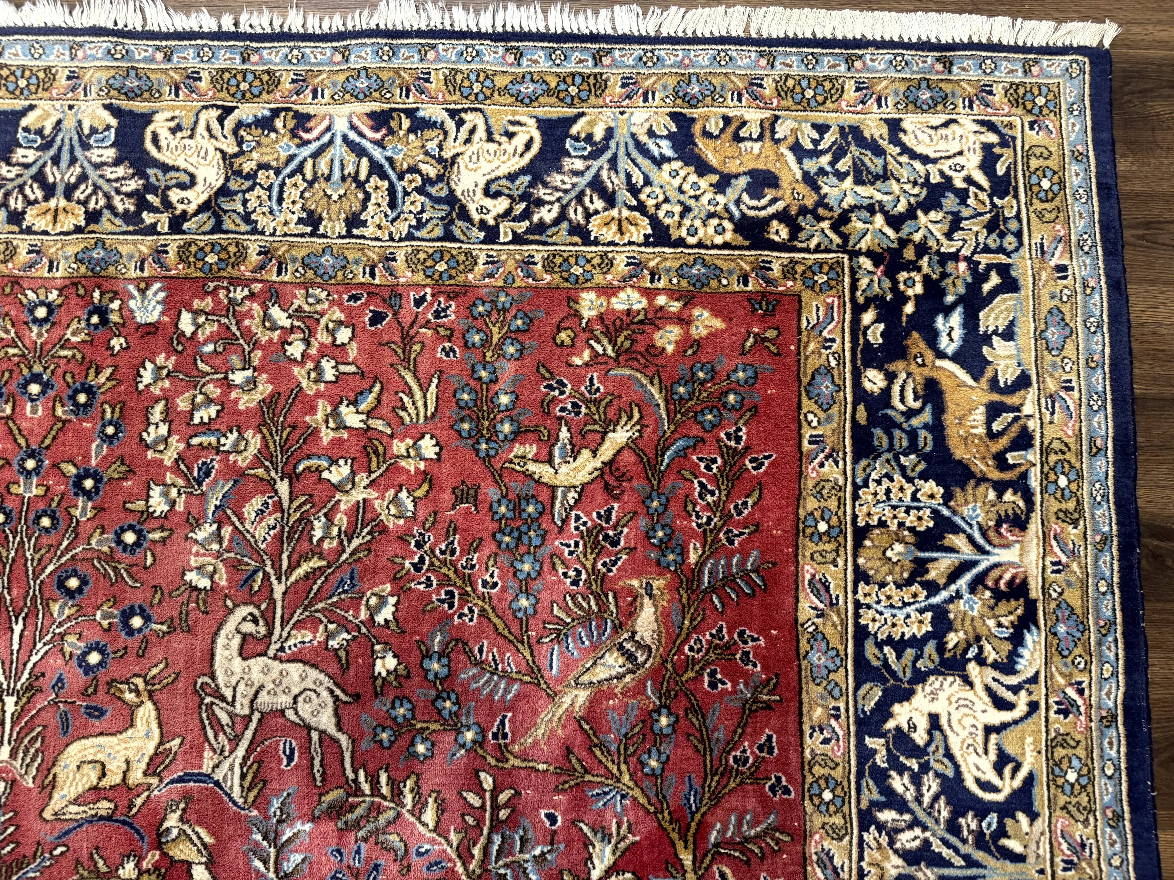 Persian Qum Rug 9x12, Animal Pictorials, Deer Birds, Tree of Life, Red and Navy Blue