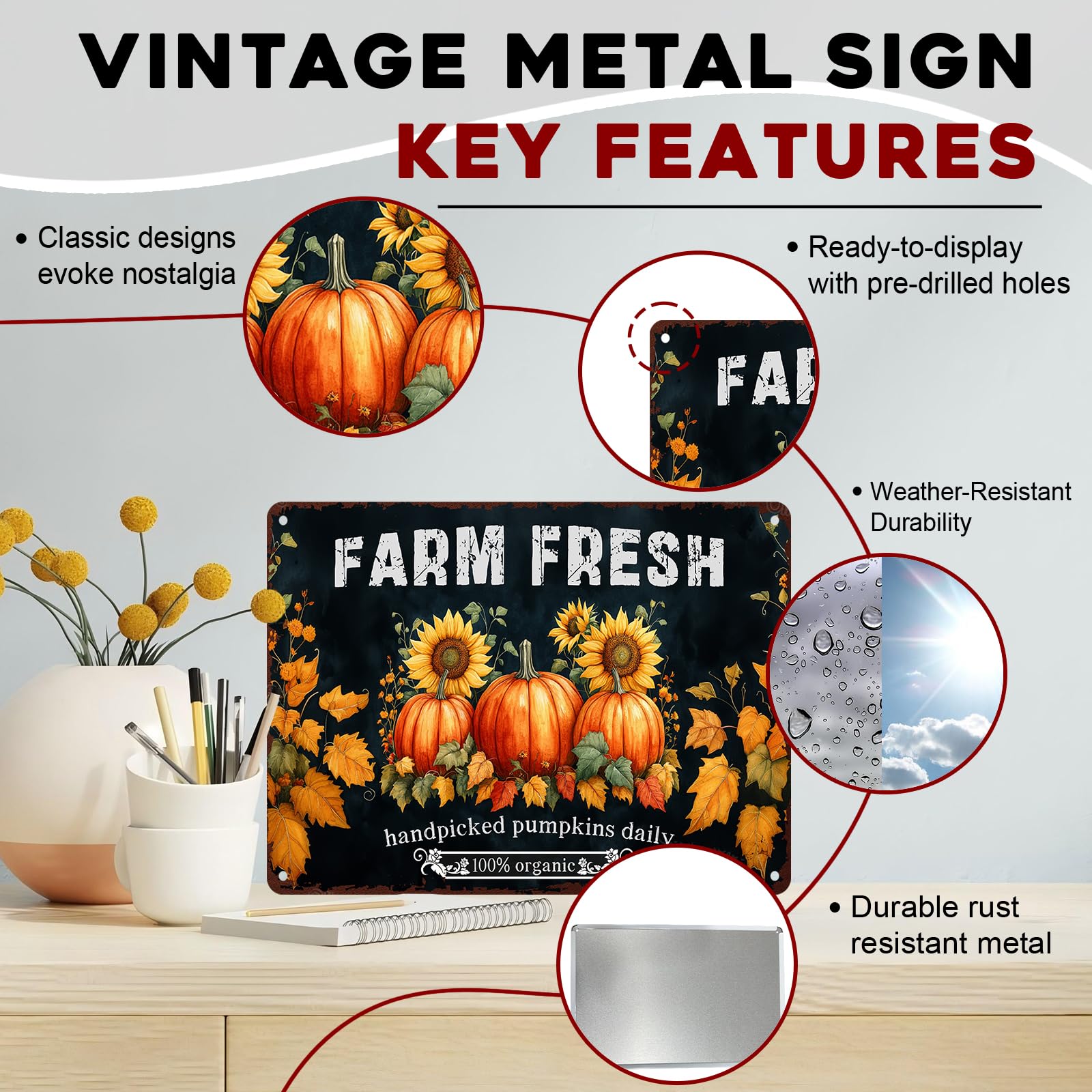 ARTWALLURE Rustic Autumn Metal Tin Sign Vintage Pumpkin Wall Decor 8x12in