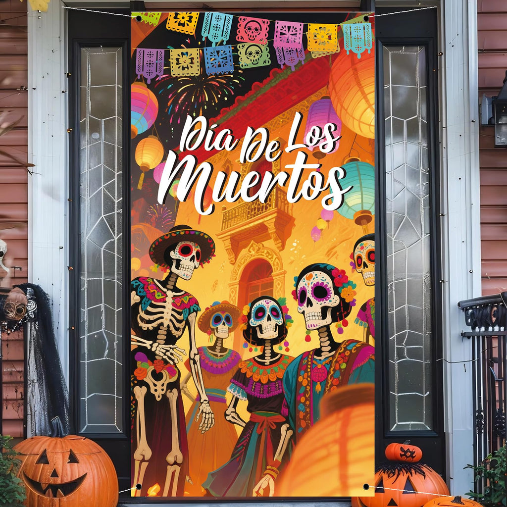Day of The Dead Door Cover Sugar Skull Flowers Multi-colored 03