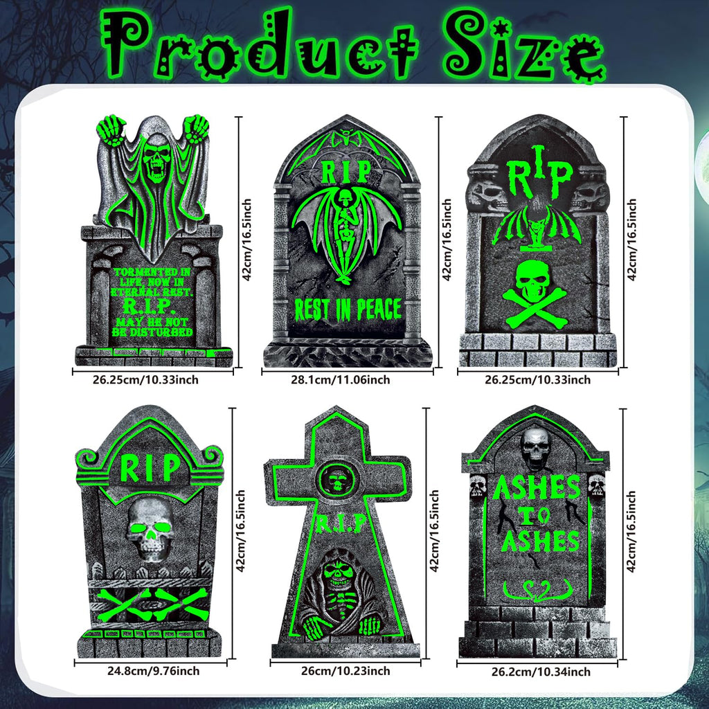 CiniQy Halloween Tombstones 6 Pack Light Up 16.5x11.5" Waterproof Outdoor Decor