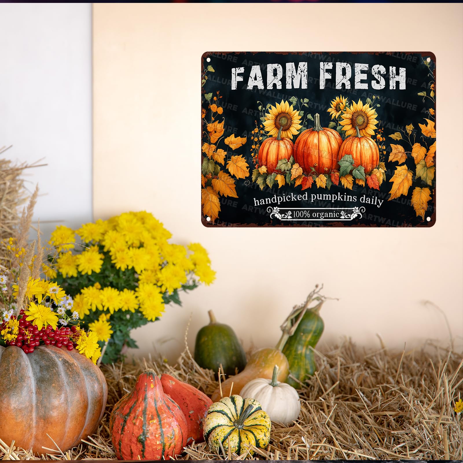 ARTWALLURE Rustic Autumn Metal Tin Sign Vintage Pumpkin Wall Decor 8x12in