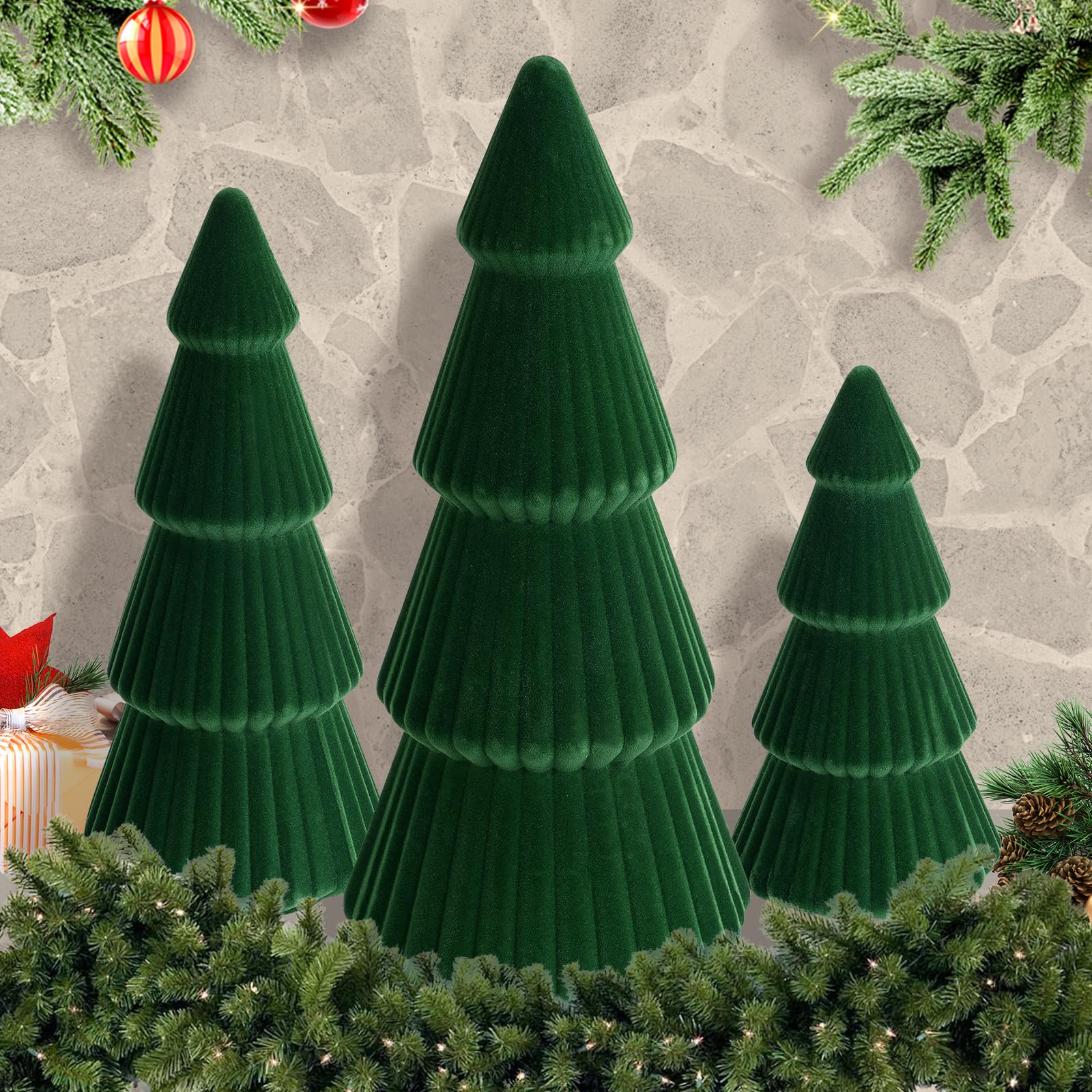 KEASKELL 3pc Dark Green Velvet Christmas Tree Decorations Set