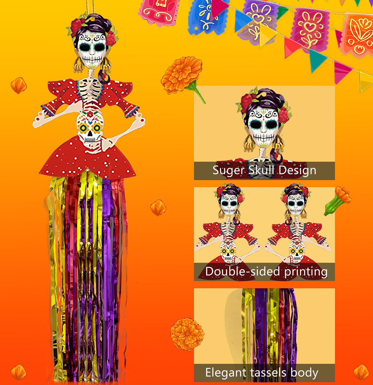 Aovaely 6 PCS Day of The Dead Sugar Skull Hanging Decorations C-Girl Group