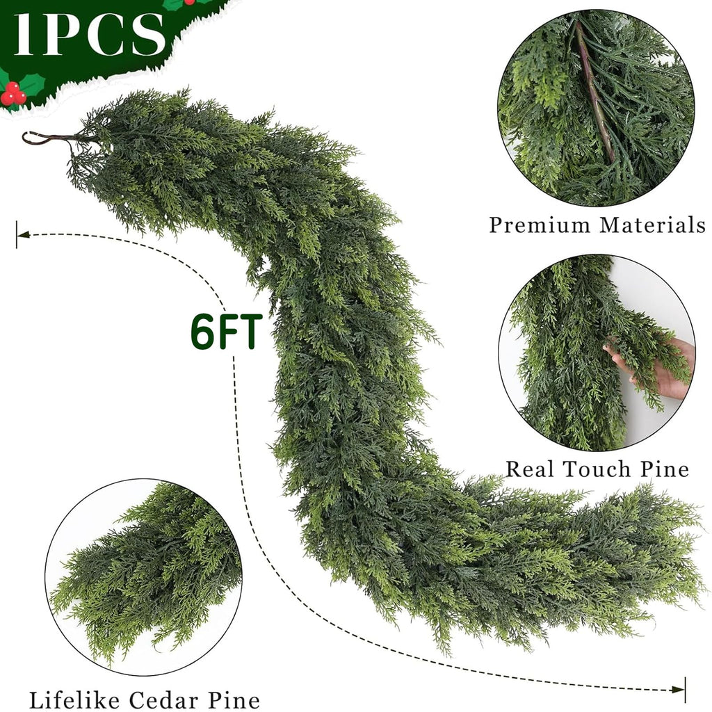 ESTABA 6FT Real Touch Cedar Garland Artificial Green Pine Christmas Decor