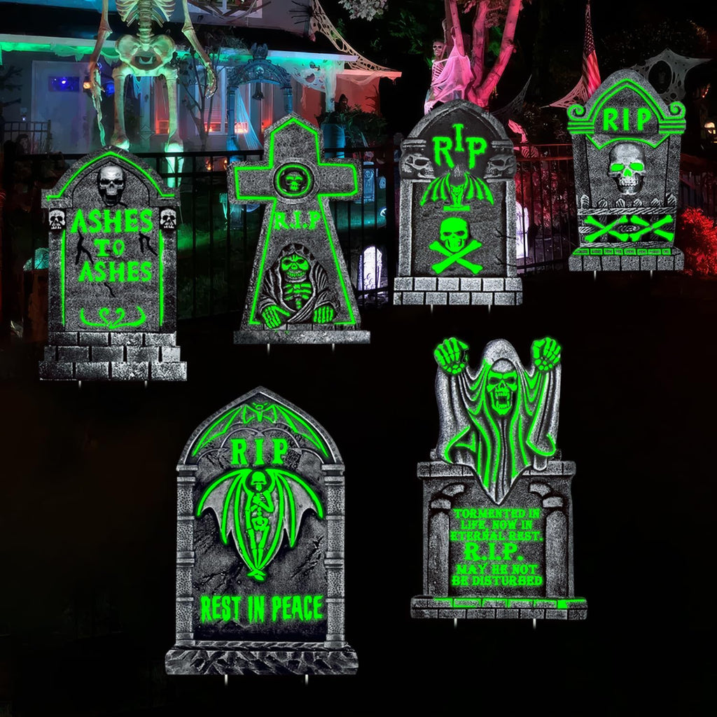 CiniQy Halloween Tombstones 6 Pack Light Up 16.5x11.5" Waterproof Outdoor Decor