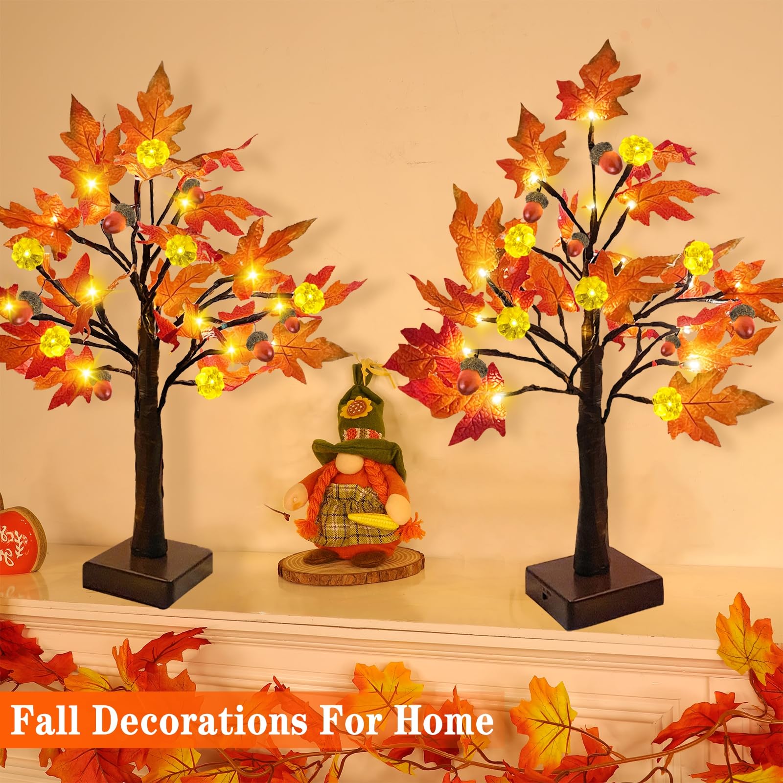 TURNMEON 2Pack 24in Prelit Fall Maple Tree Lights48 LED Timer Battery Orange Red