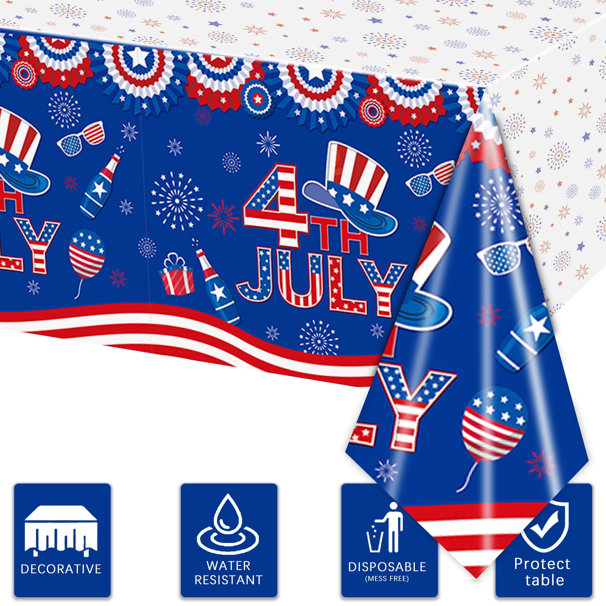 Rejoice Bunny 3-Pack 4th of July Disposable Tablecloths 54x108 Inches Plastic